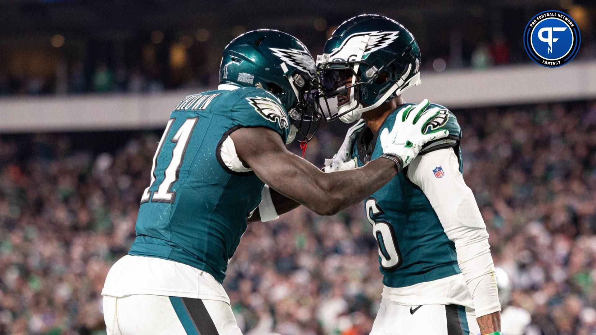 Philadelphia Eagles wide receiver DeVonta Smith (6) celebrates with wide receiver A.J. Brown (11) after his touchdown catch during the third quarter at Lincoln Financial Field.