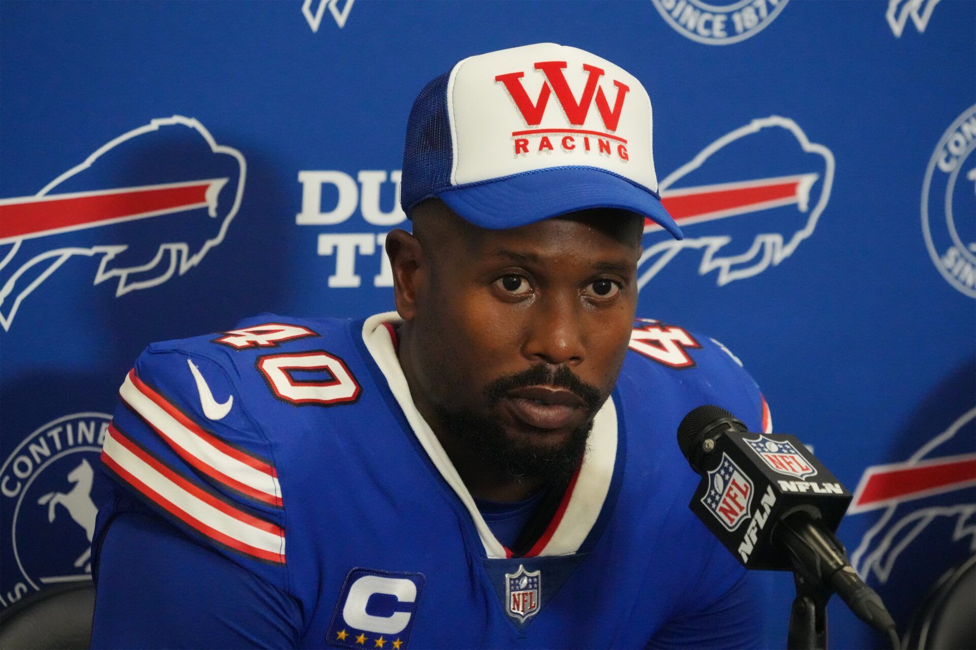 Buffalo Bills LB Von Miller (40) talks to the press.