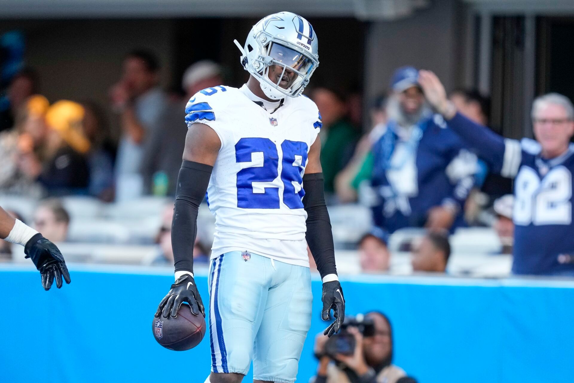 Dallas Cowboys cornerback DaRon Bland (26) celebrates his score in the end zone against the Carolina Panthers during the second half at Bank of America Stadium.