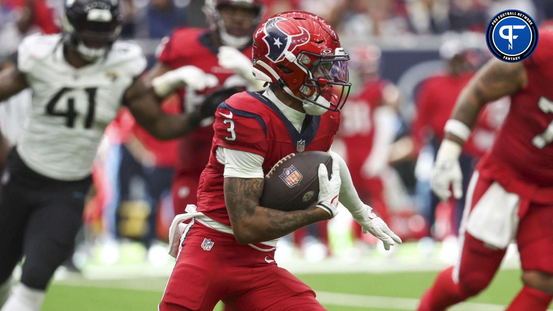 Houston Texans wide receiver Tank Dell (3) runs with the ball during the fourth quarter against the Jacksonville Jaguars at NRG Stadium.