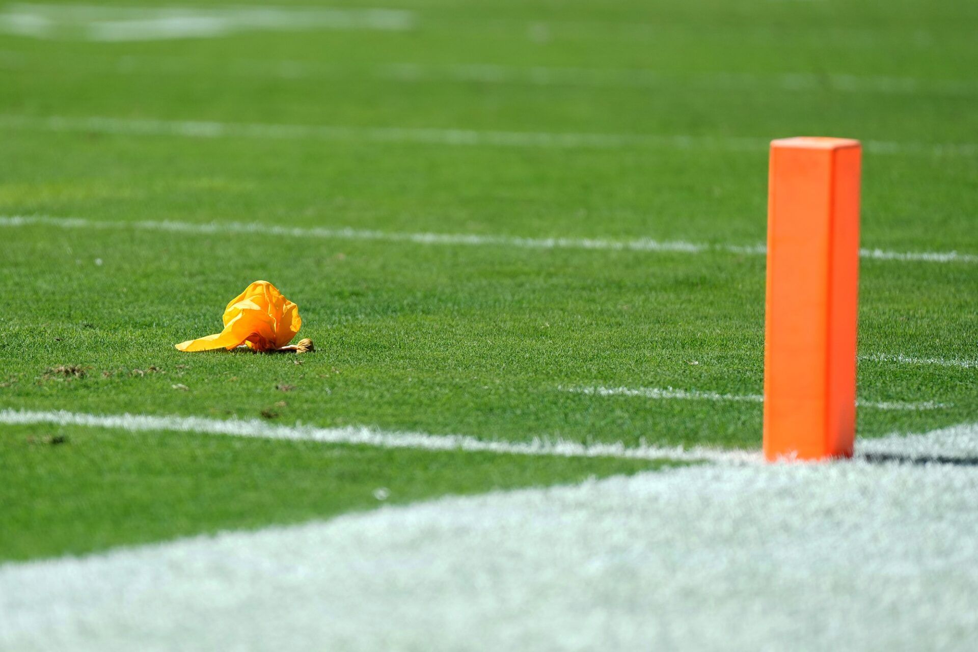 A general view of a penalty flag on the field during an NFL game.