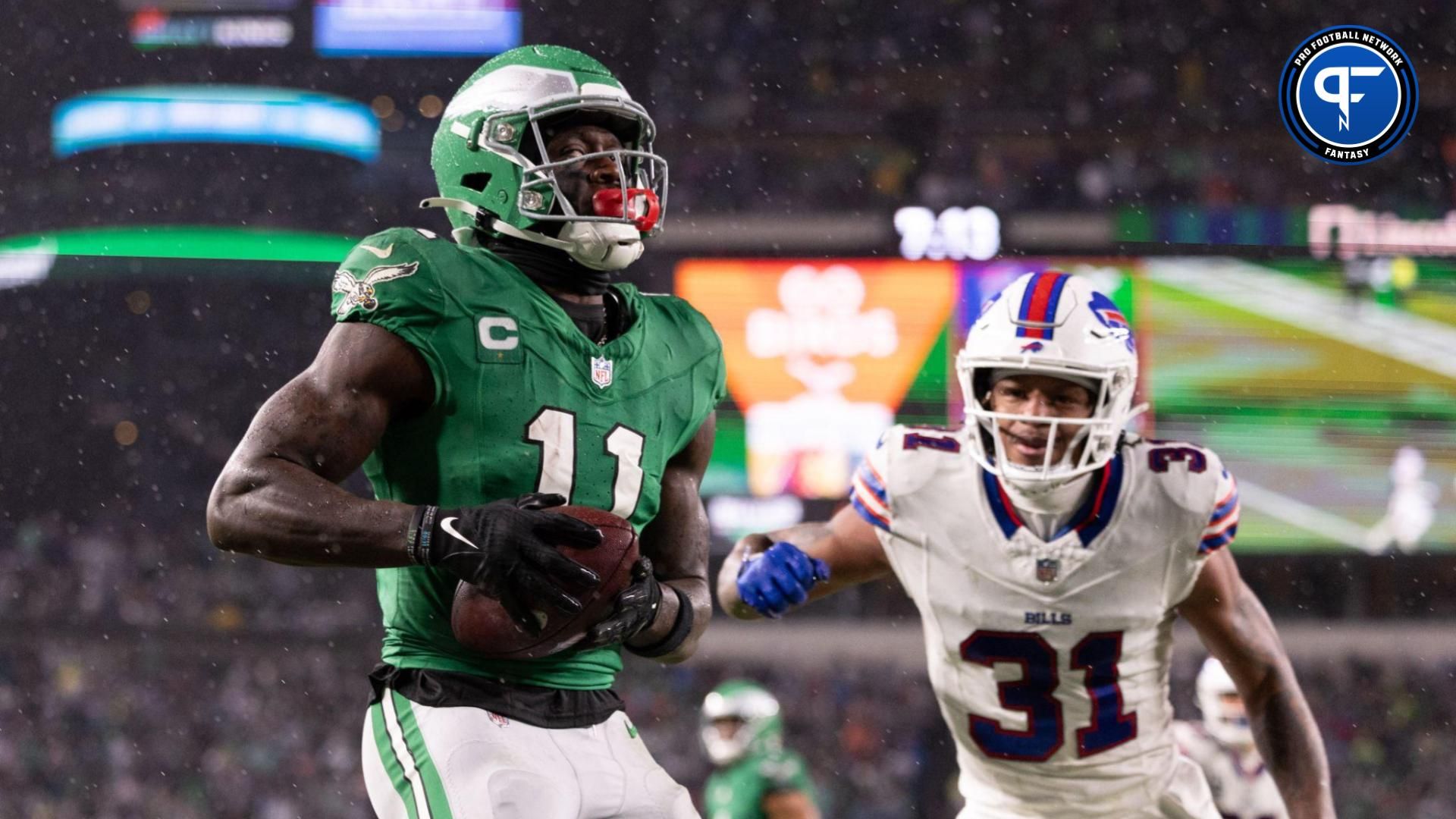 Philadelphia Eagles wide receiver A.J. Brown (11) makes a touchdown catch in front of Buffalo Bills cornerback Rasul Douglas (31) during the third quarter at Lincoln Financial Field.