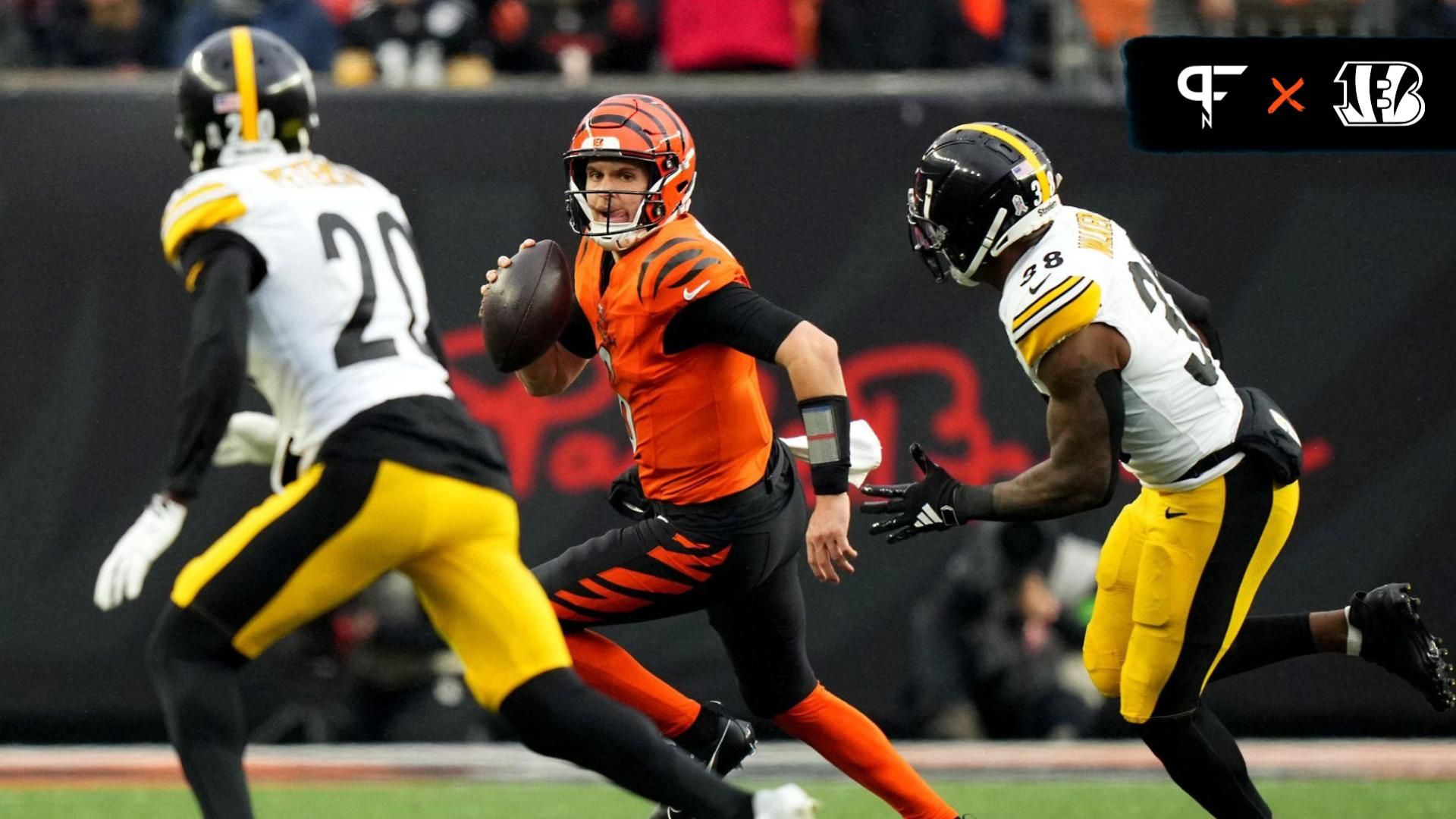 Cincinnati Bengals quarterback Jake Browning (6) is pressured by Pittsburgh Steelers linebacker Mykal Walker (38) in the third quarter of a Week 12 NFL football game between the Pittsburgh Steelers and the Cincinnati Bengals, Sunday, Nov. 26, 2023, at Paycor Stadium.