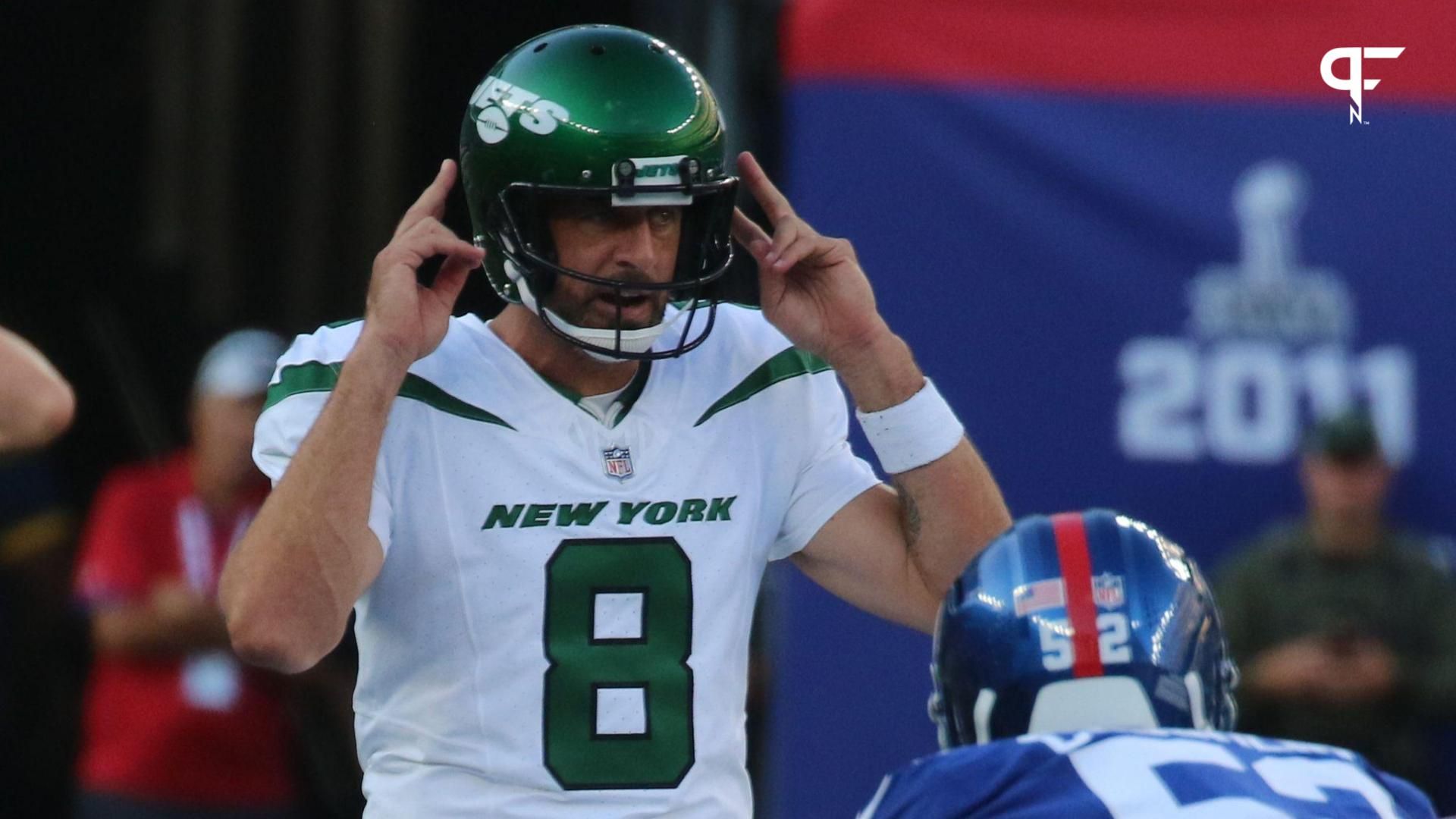 East Rutherford, NJ August 26, 2023 -- Jets quarterback Aaron Rodgers during the second offensive drive of the first half. The NY Jets against the NY Giants on August 26, 2023 at MetLife Stadium in East Rutherford, NJ, as the rivals play their final preseason game before the start of the NFL season.