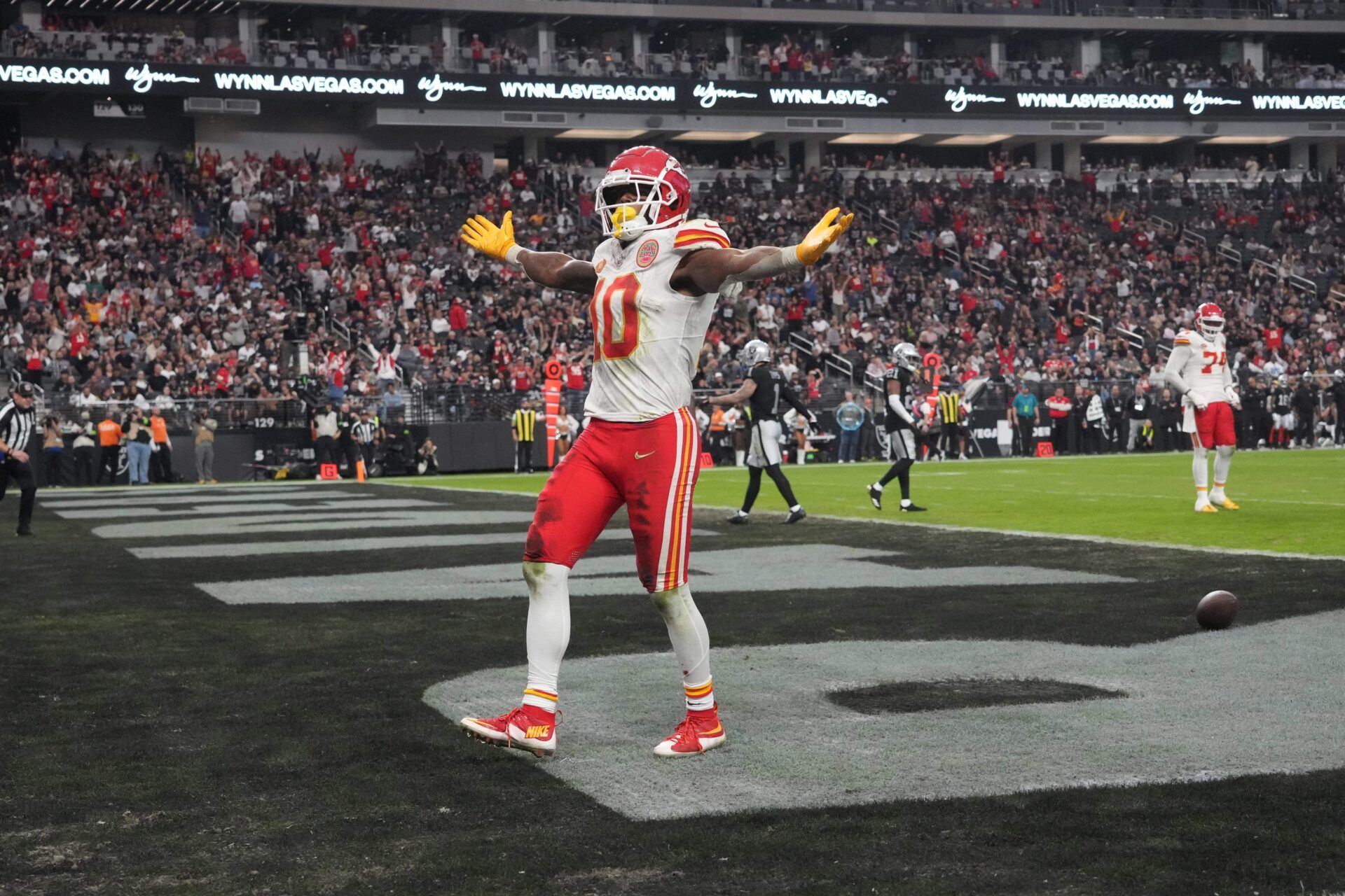 Kansas City Chiefs running back Isiah Pacheco (10) celebrates in the first half against the Las Vegas Raiders at Allegiant Stadium.