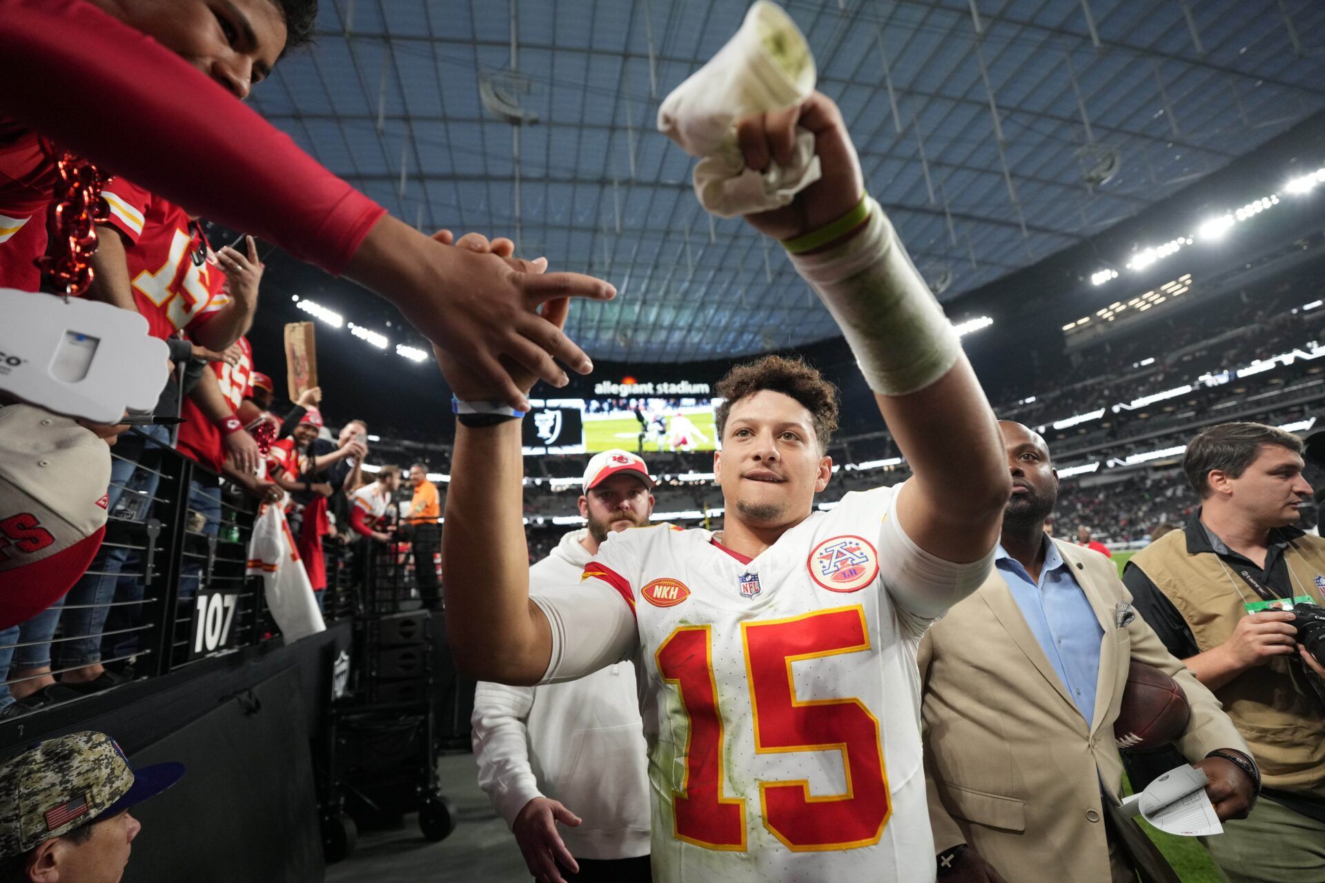 Kansas City Chiefs quarterback Patrick Mahomes (15) leaves the field after the game against the Las Vegas Raiders Allegiant Stadium.