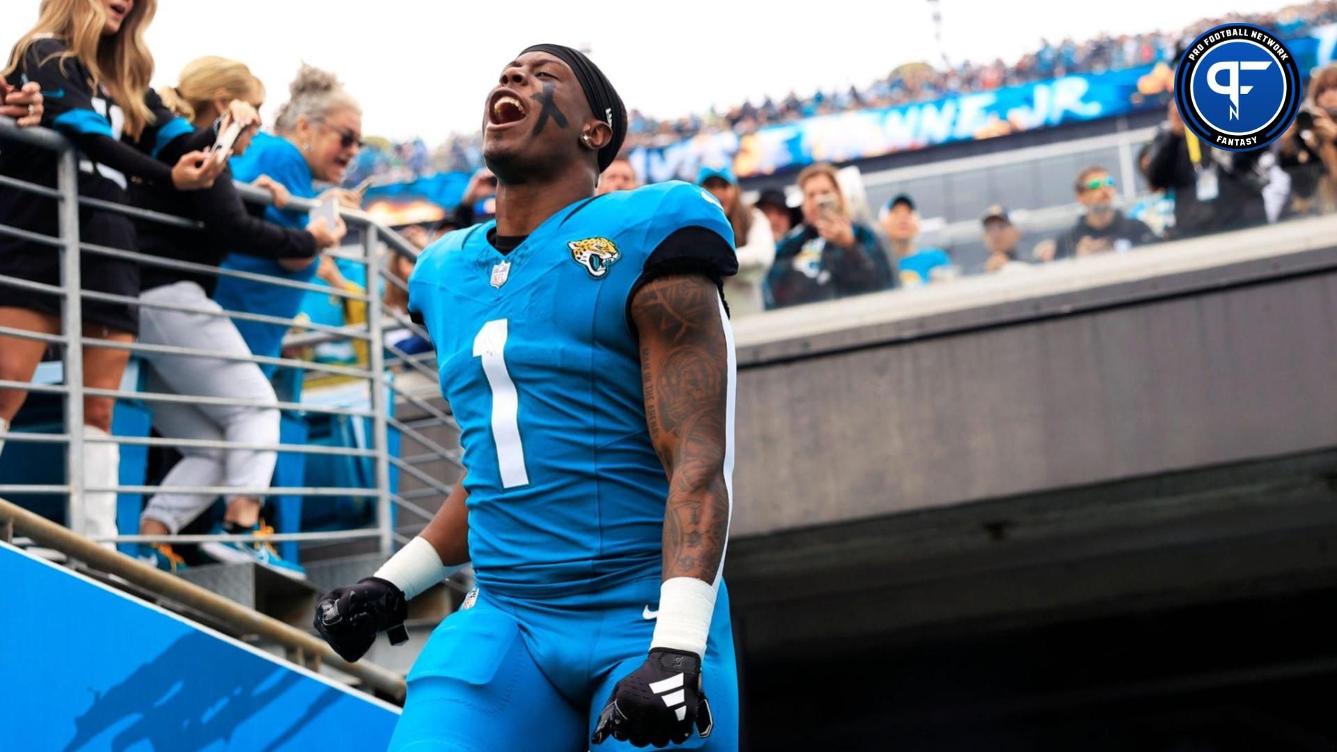 Jacksonville Jaguars running back Travis Etienne Jr. (1) takes to the field before an NFL football game Sunday, Nov. 12, 2023 at EverBank Stadium.