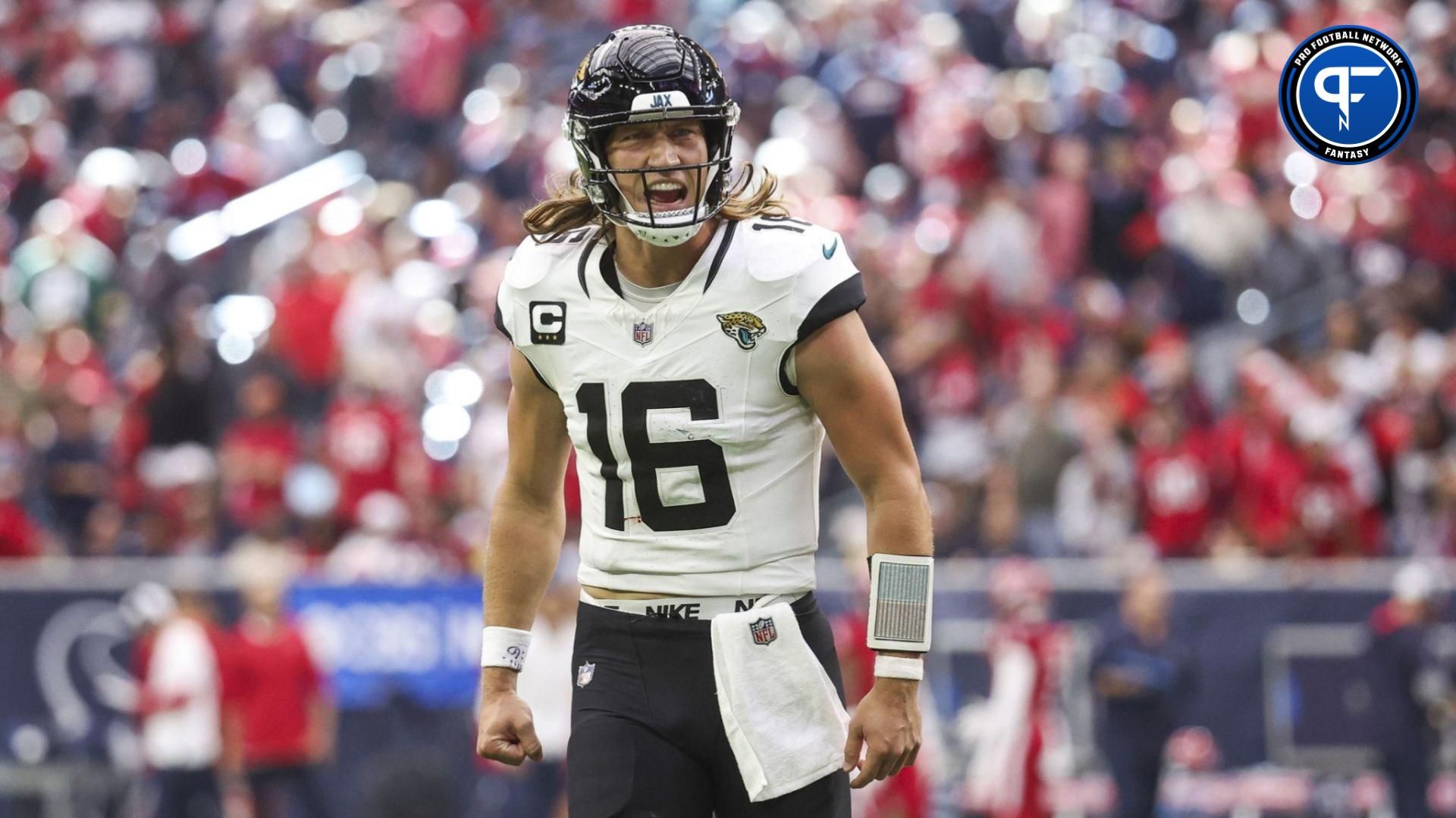 Trevor Lawrence (16) reacts after a touchdown during the third quarter against the Houston Texans at NRG Stadium.