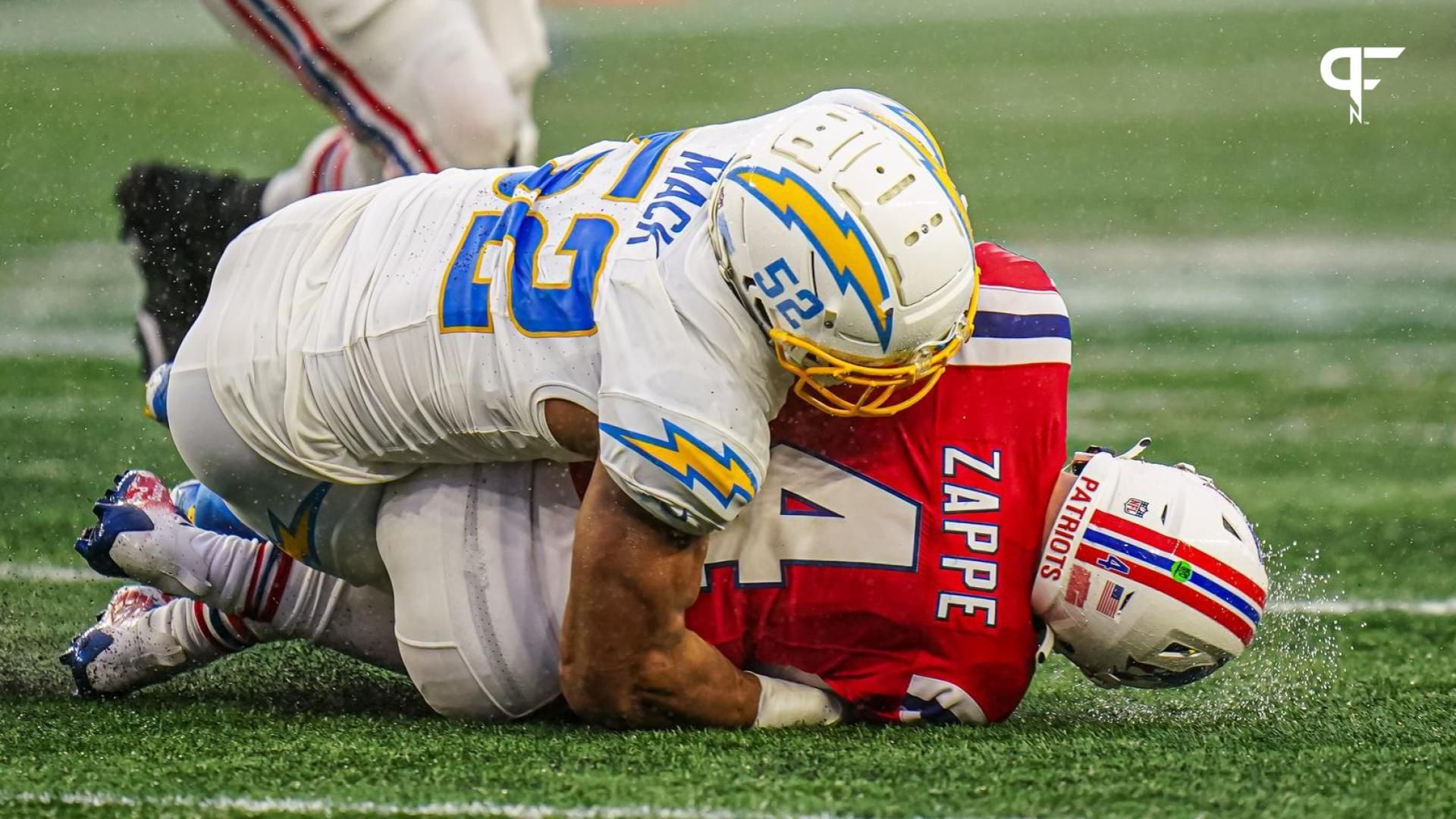 Los Angeles Chargers linebacker Khalil Mack (52) sacks New England Patriots quarterback Bailey Zappe (4) in the second half at Gillette Stadium.