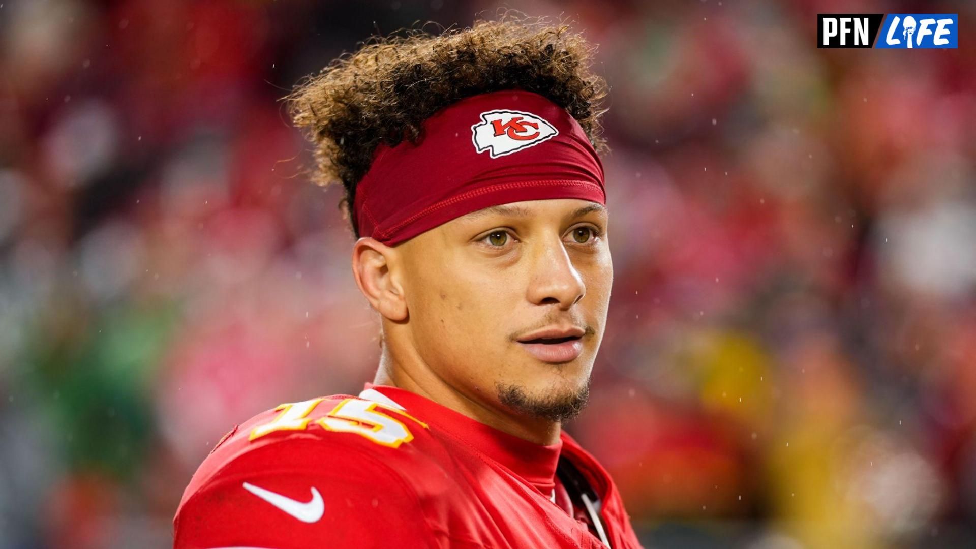 Kansas City Chiefs quarterback Patrick Mahomes (15) reacts after a game against the Philadelphia Eagles at GEHA Field at Arrowhead Stadium.