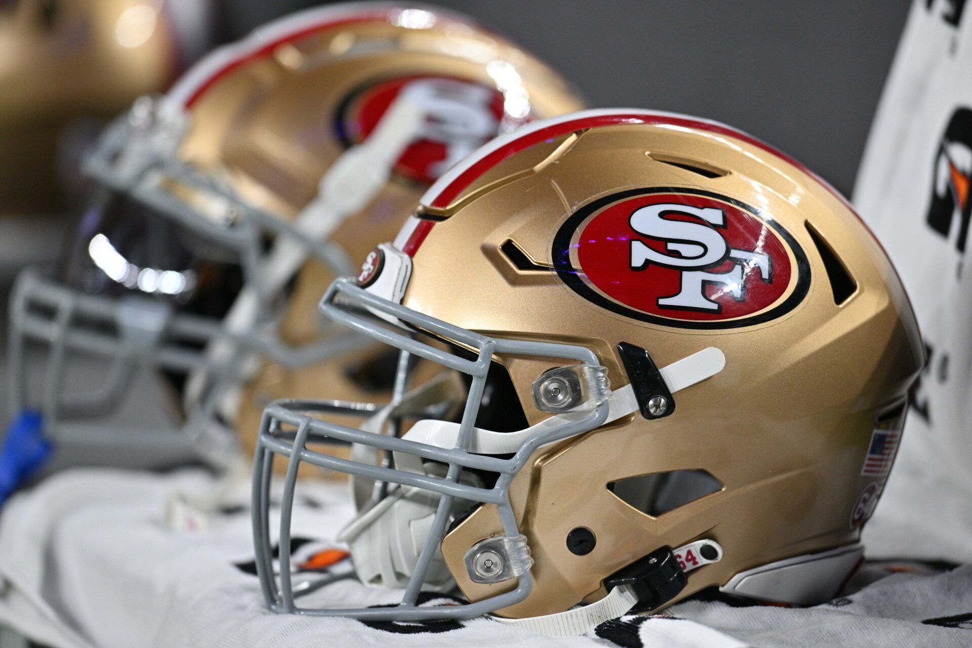 A San Francisco 49ers helmet sits on the team bench during the game against the Minnesota Vikings at U.S. Bank Stadium.