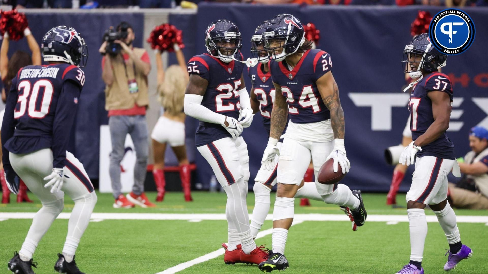 Houston Texans cornerback Derek Stingley Jr. (24) celebrates his interception with teammates against the Denver Broncos.
