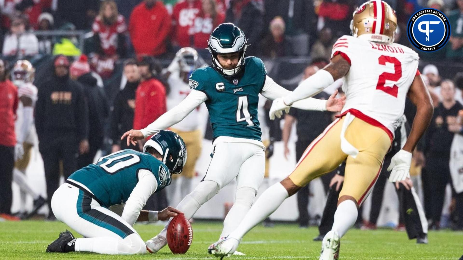 Philadelphia Eagles kicker Jake Elliott (4) kicks a field goal against the San Francisco 49ers.