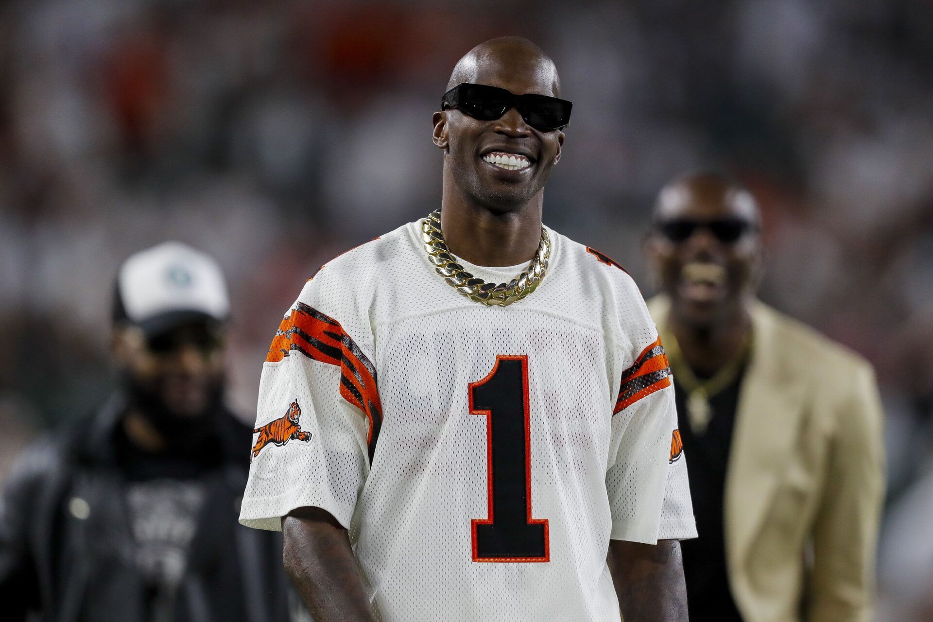 Former Cincinnati Bengals WR Chad Johnson (1) walks on the field before the game against the Los Angeles Rams.