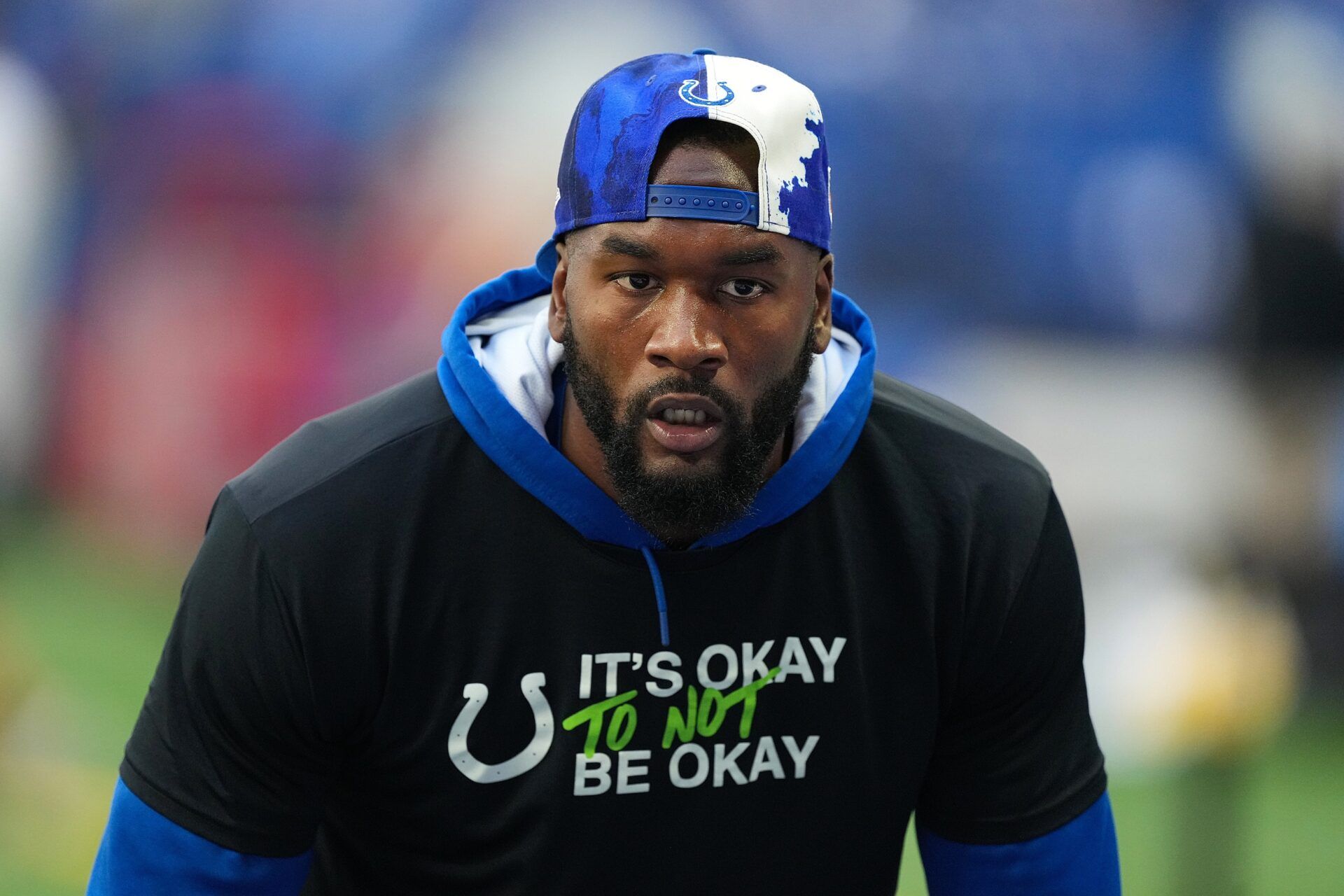 Darius Leonard warms up before the game against the Tennessee Titans at Lucas Oil Stadium.