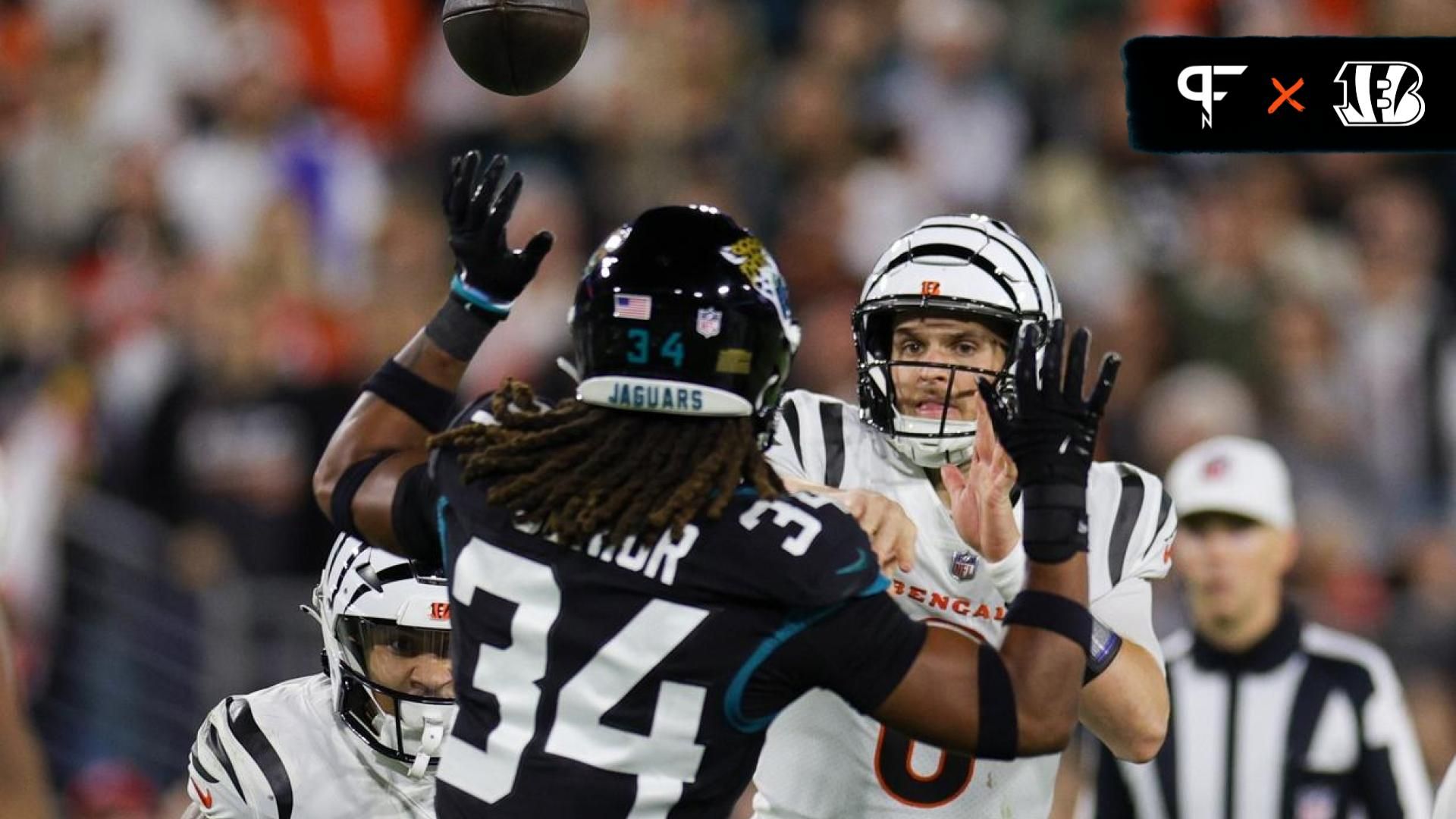 Cincinnati Bengals quarterback Jake Browning (6) pass is deflected by Jacksonville Jaguars cornerback Gregory Junior (34) in the second quarter at EverBank Stadium.