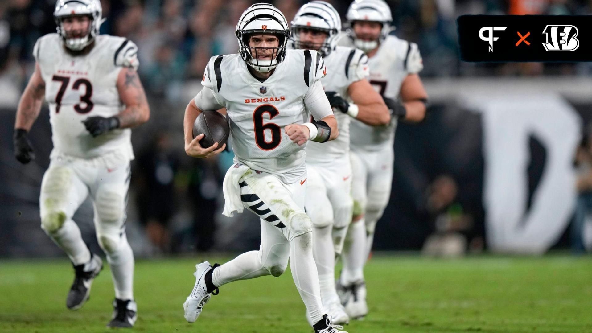 Cincinnati Bengals QB Jake Browning (6) runs with the ball against the Jacksonville Jaguars.