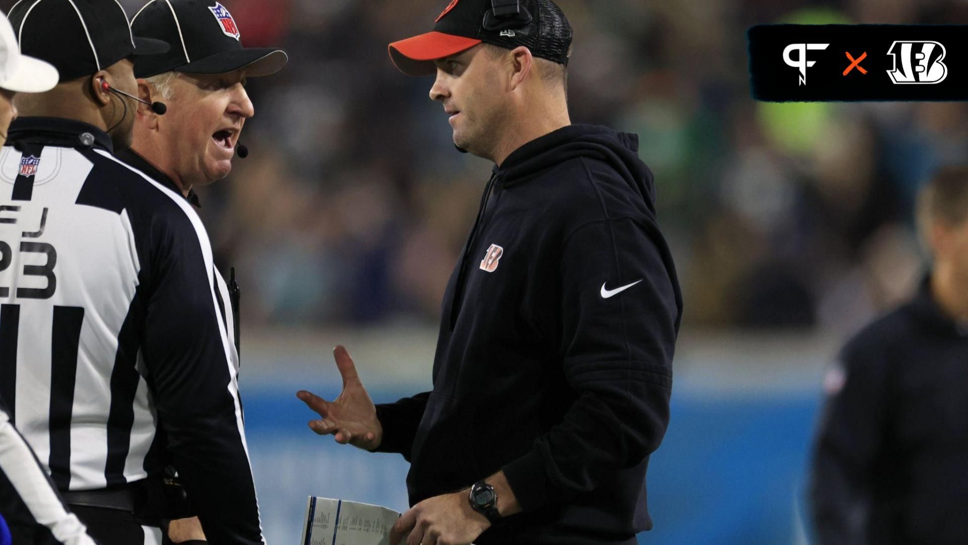 Cincinnati Bengals head coach Zac Taylor talks with the referees during the game against the Jacksonville Jaguars.