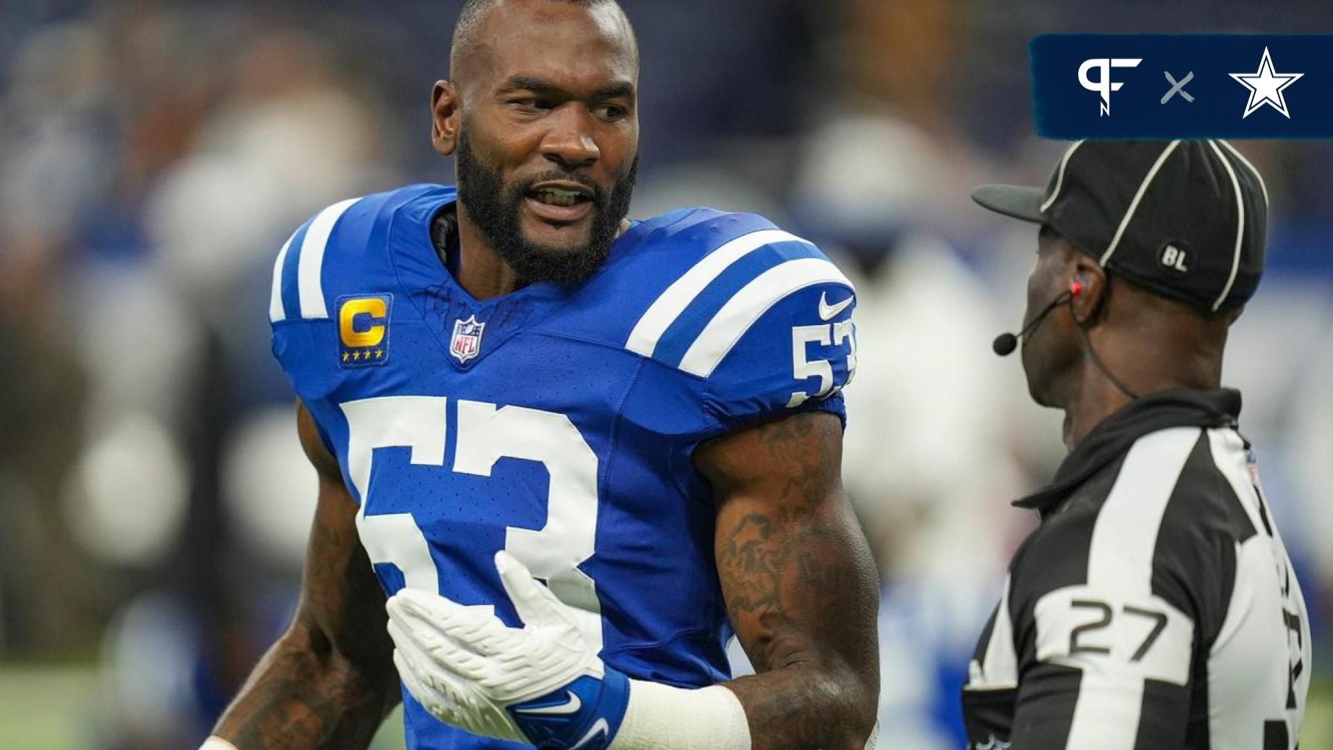 Indianapolis Colts LB Shaq Leonard (53) talks with a referee during a game.