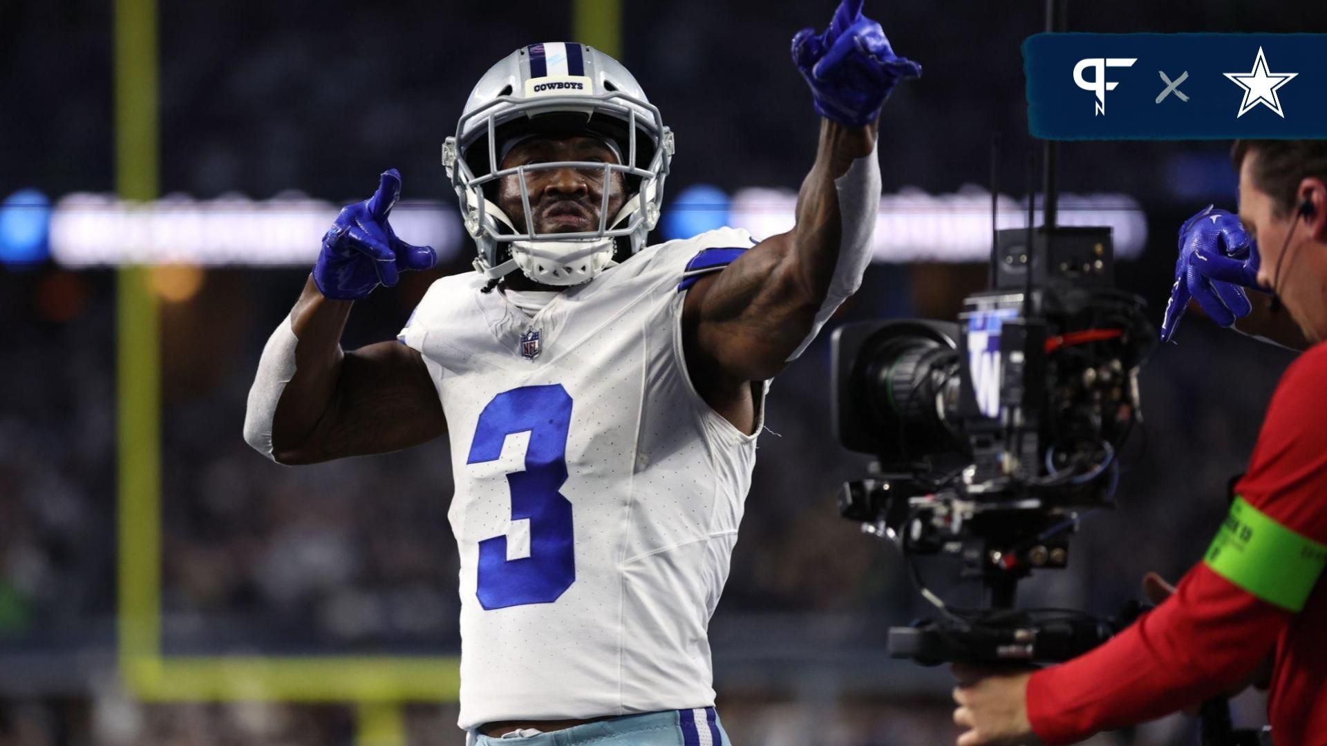 Dallas Cowboys WR Brandin Cooks (3) celebrates a touchdown against the Seattle Seahawks.