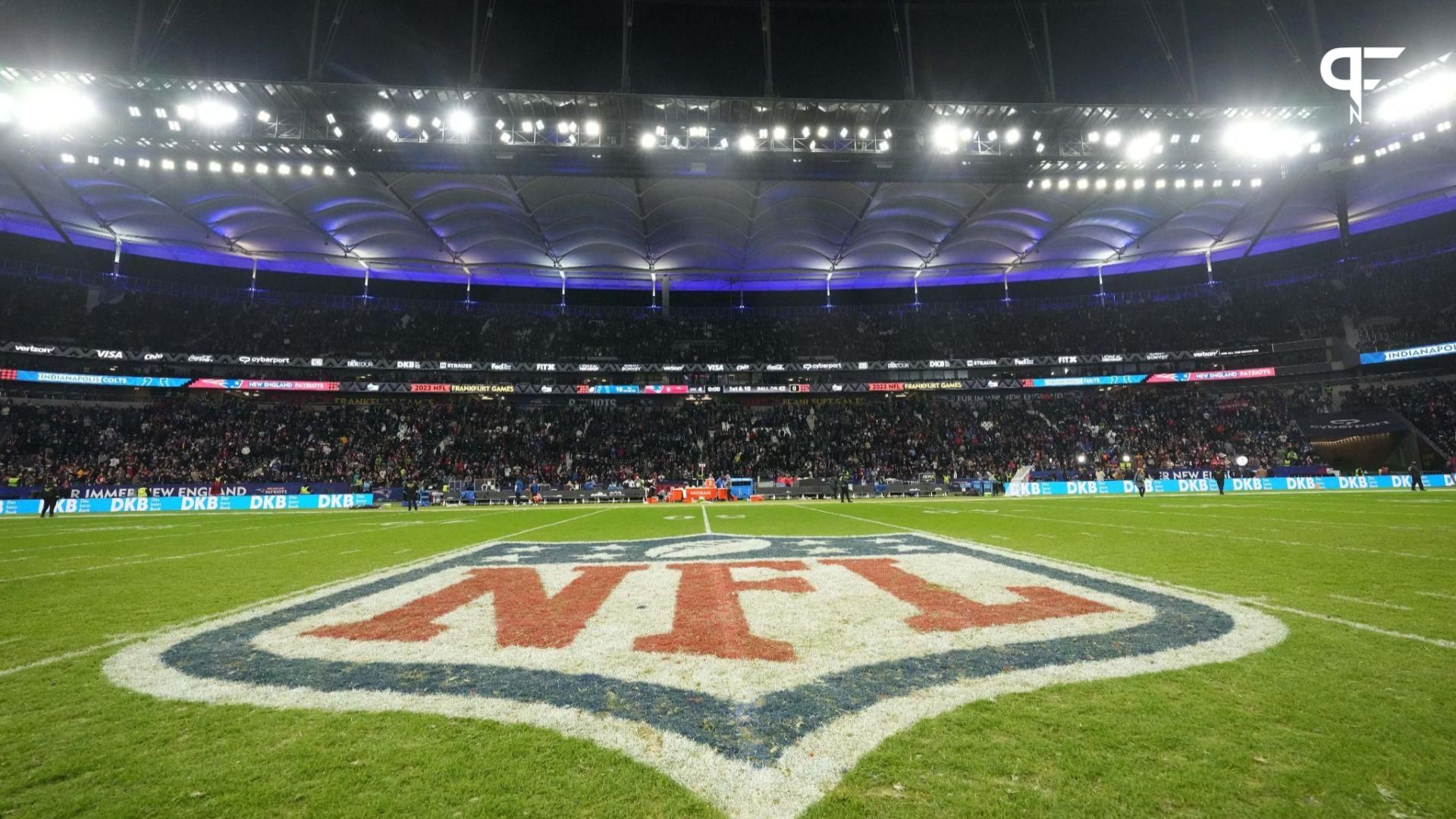 The NFL shield logo at midfield during an NFL International Series game at Deutsche Bank Park.