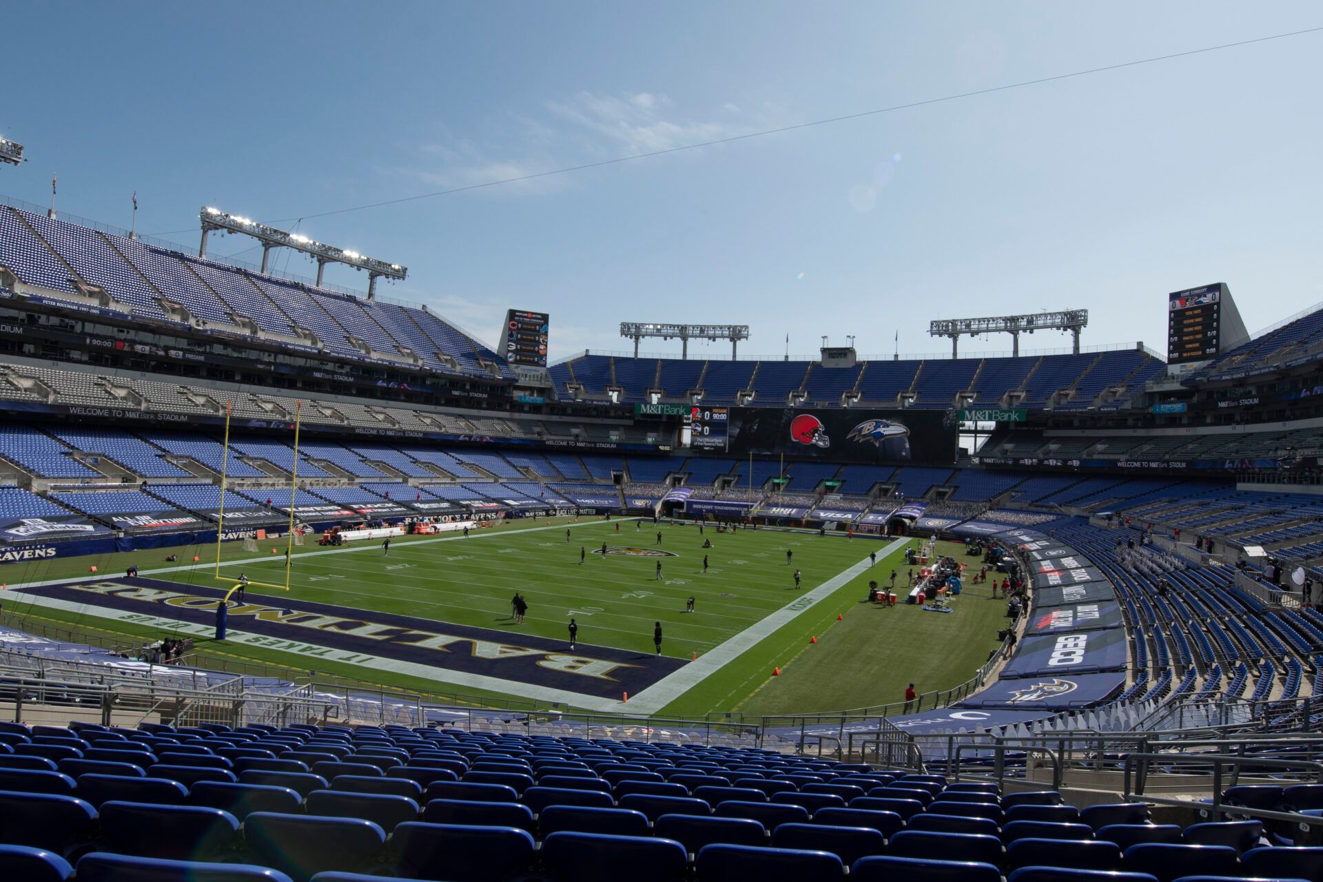 A general view of M&T Bank Stadium as the Cleveland Browns and Baltimore Ravens warm up on the field prior to the game.