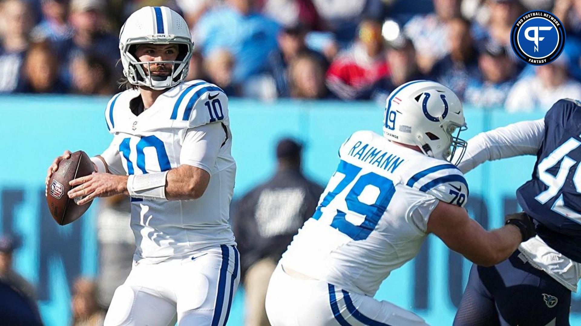 Indianapolis Colts quarterback Gardner Minshew II (10) makes a pass Sunday, Dec. 3, 2023, at Nissan Stadium in Nashville, Tenn.