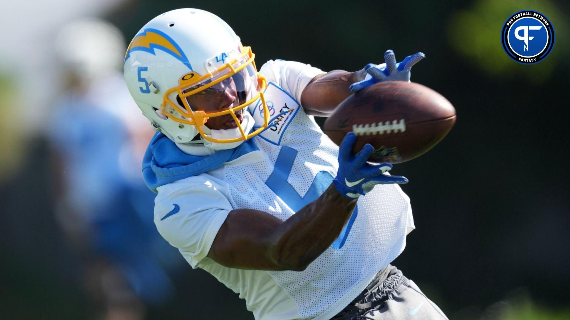 Los Angeles Chargers receiver Joshua Palmer (5) catches the ball during training camp at Jack Hammett Sports Complex.