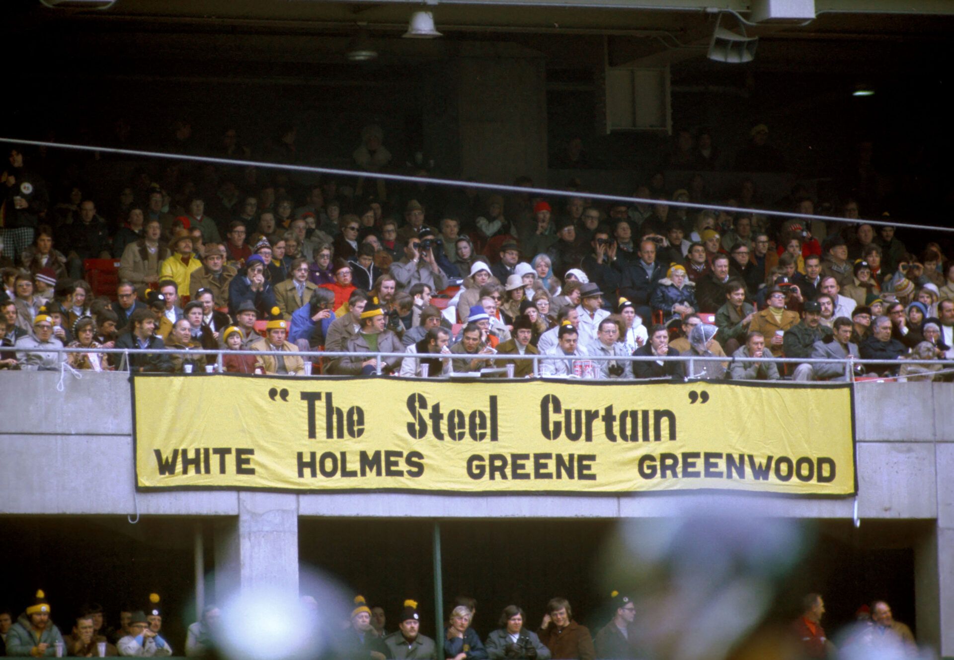 Pittsburgh Steelers fans display a banner at Three Rivers Stadium during the 1973 season about the Steelers defensive line which was deemed 