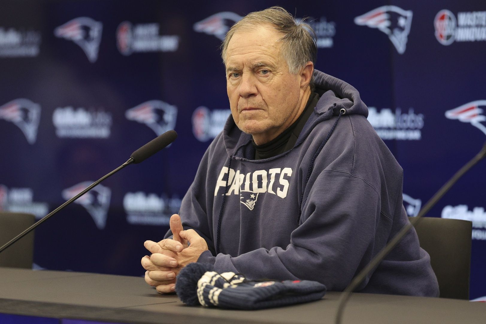 New England Patriots head coach Bill Belichick speaks to the media before an NFL International Series practice at the Deutcher Fussball-Bund facility.