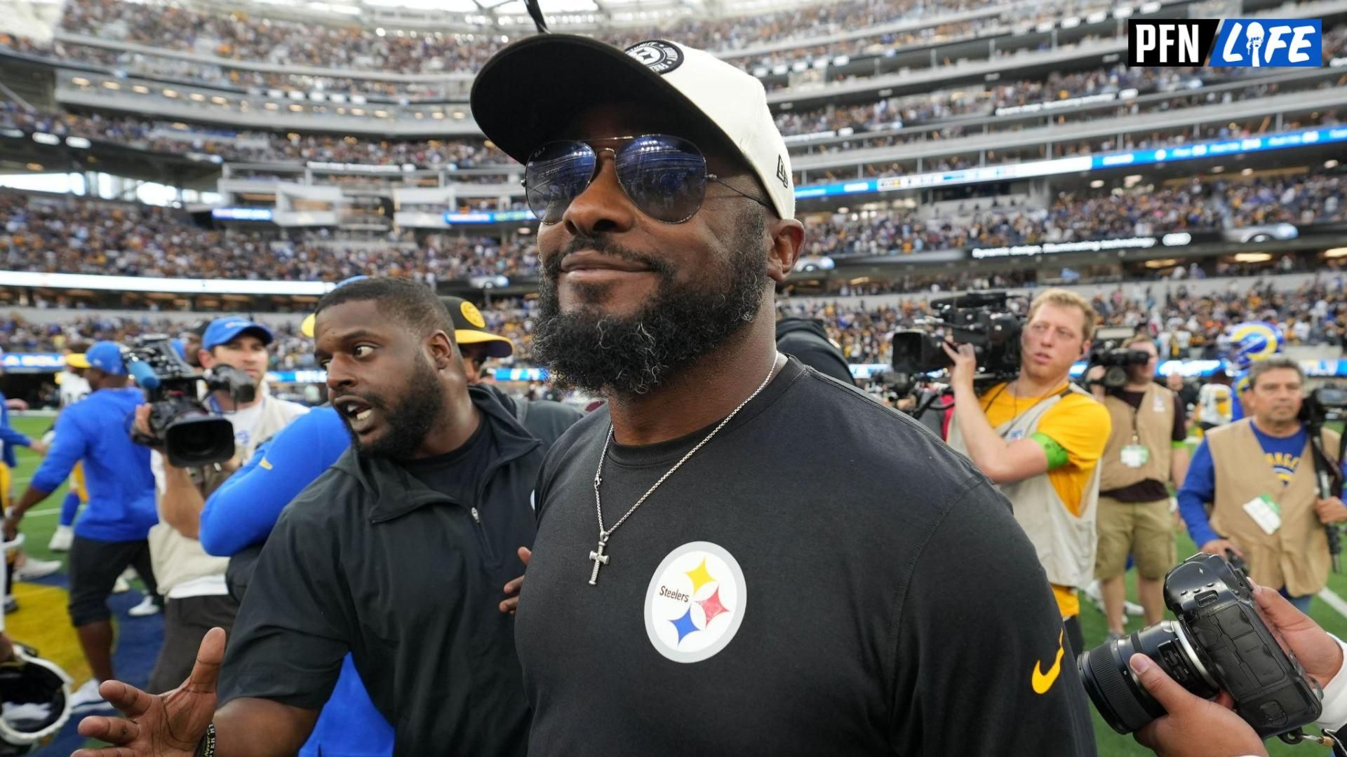 Pittsburgh Steelers coach Mike Tomlin reacts after the game against the Los Angeles Rams at SoFi Stadium.