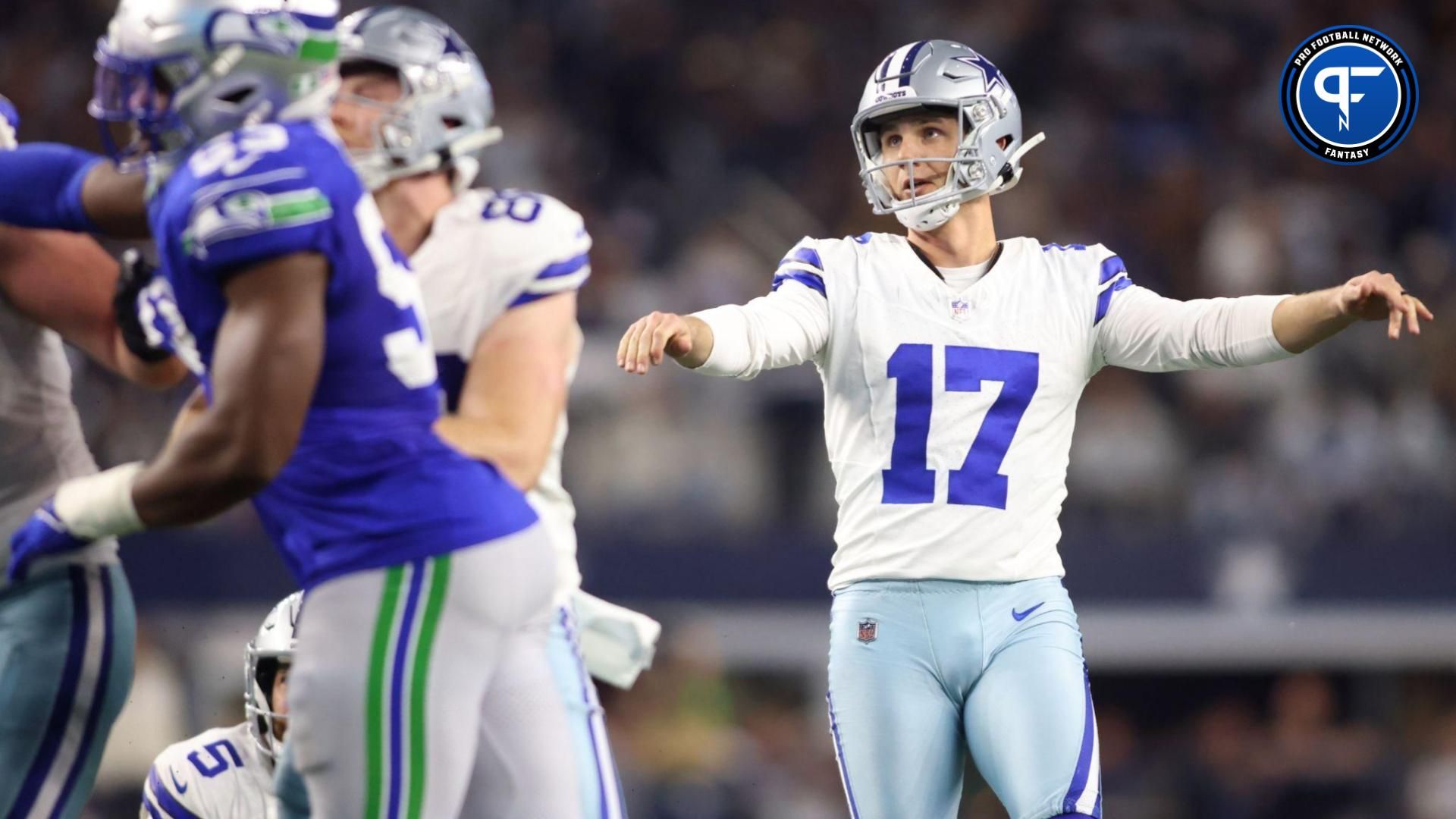 Dallas Cowboys place kicker Brandon Aubrey (17) kicks a field goal against the Seattle Seahawks during the first half at AT&T Stadium.