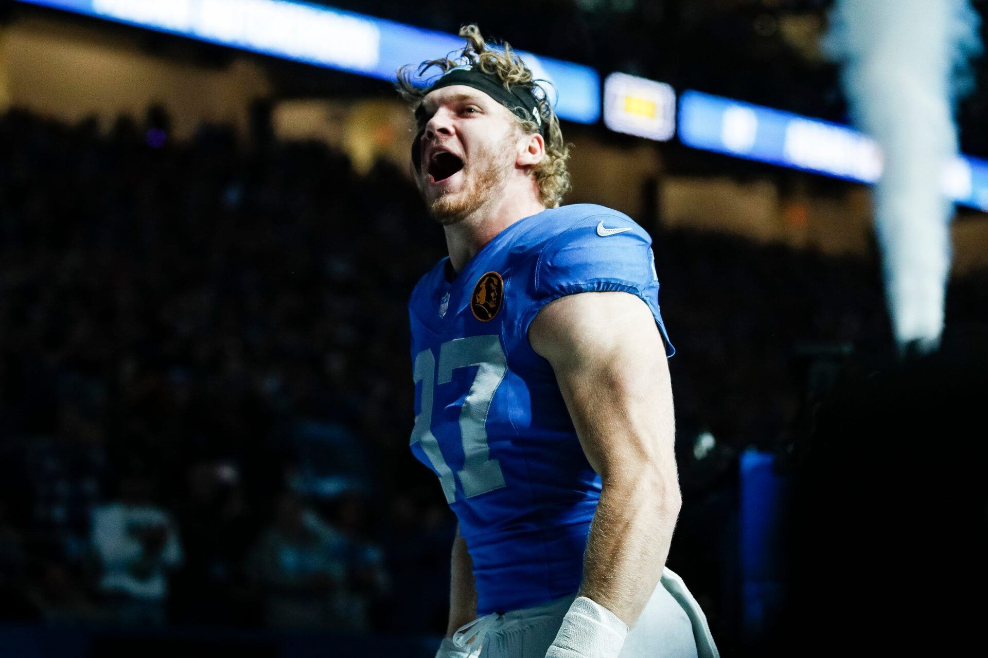 Detroit Lions defensive end Aidan Hutchinson is introduced before the Green Bay Packers game at Ford Field in Detroit on Thursday, Nov. 23, 2023.