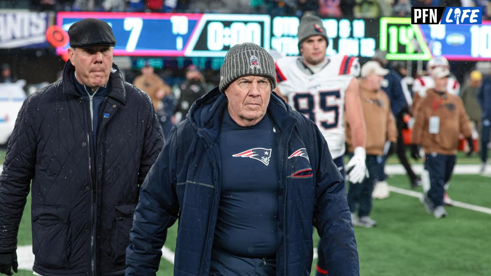 New England Patriots head coach Bill Belichick walks off the field after the game against the New York Giants at MetLife Stadium.