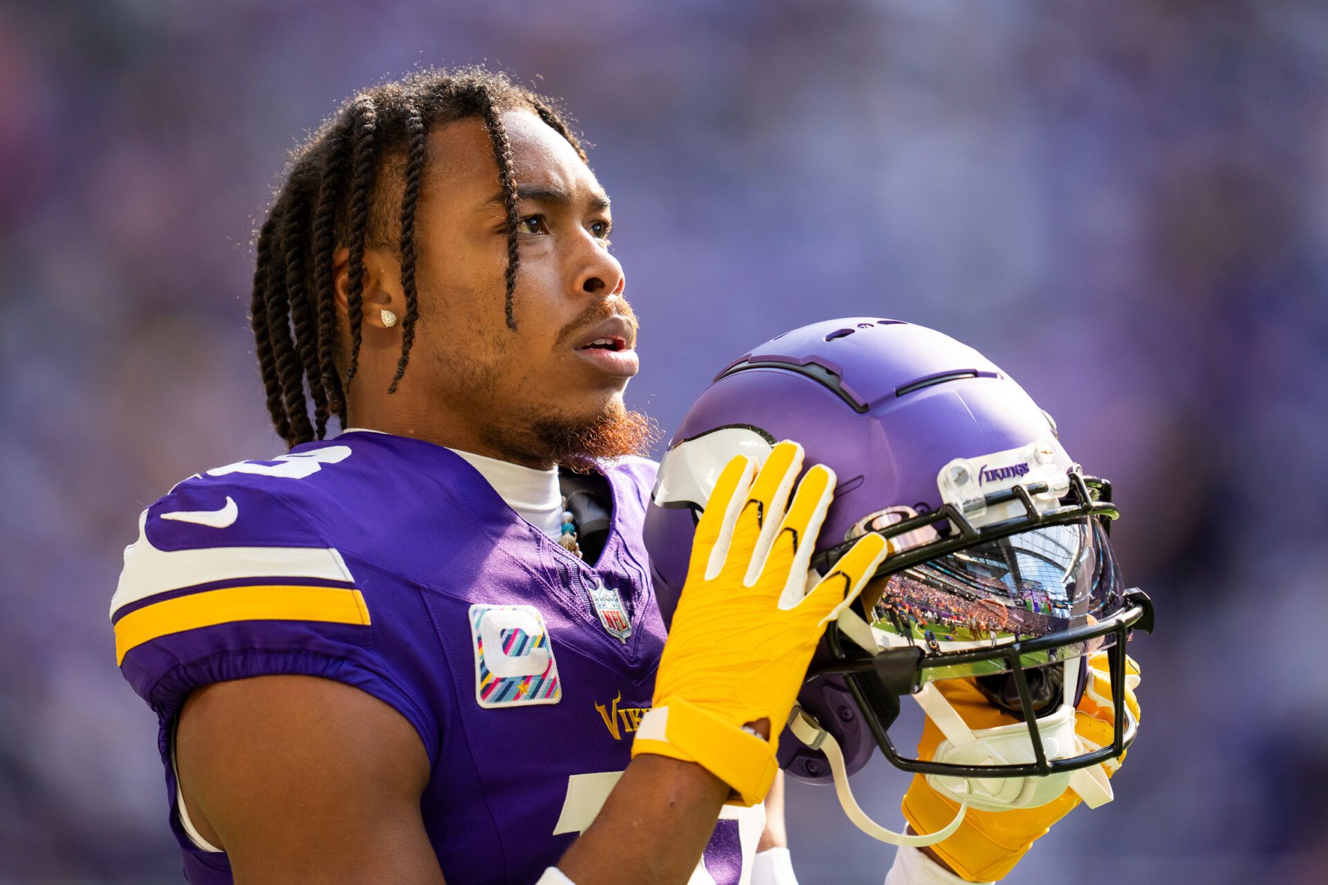 Minnesota Vikings wide receiver Justin Jefferson (18) before the game against the Kansas City Chiefs at U.S. Bank Stadium.