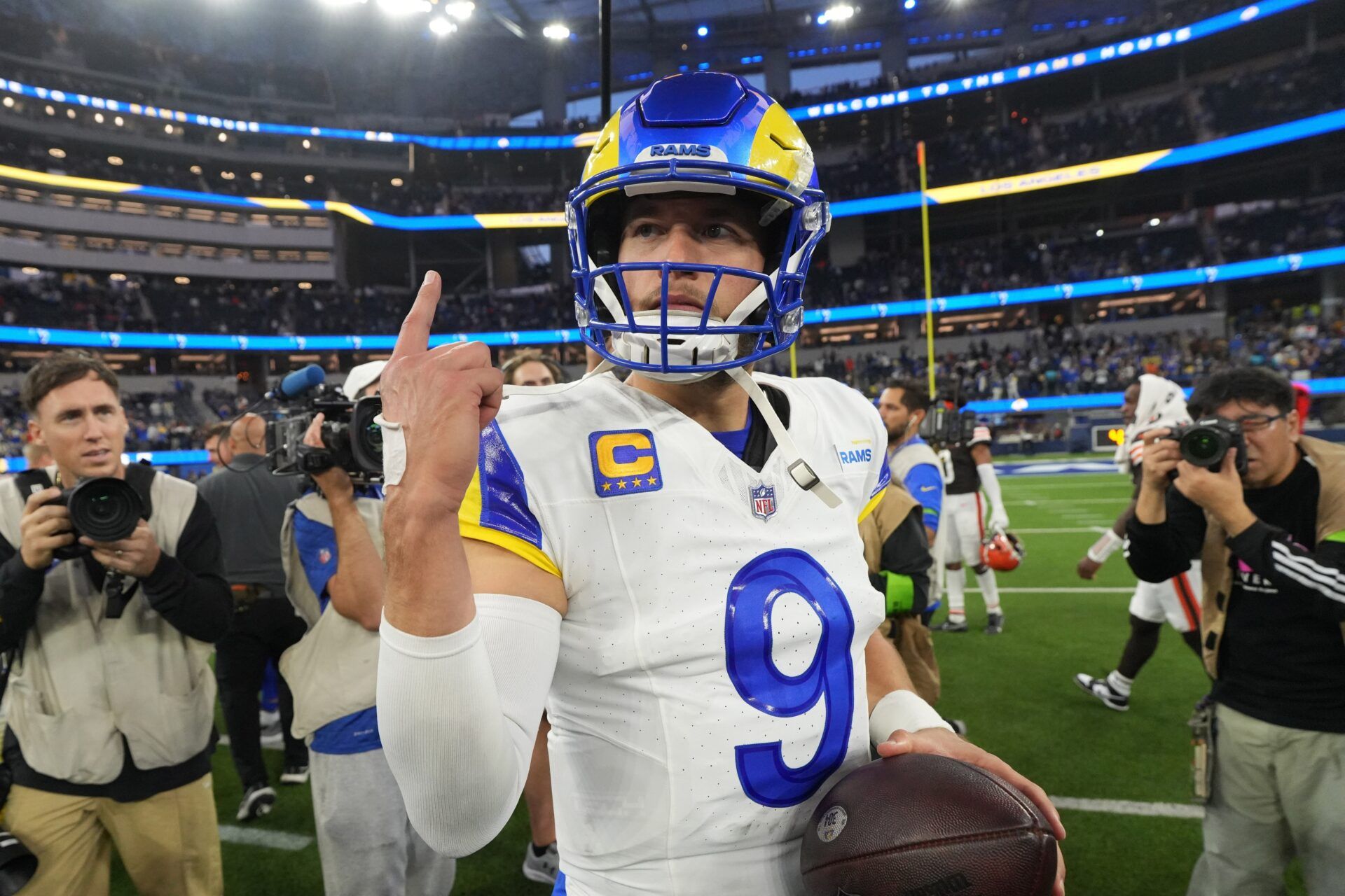 Los Angeles Rams quarterback Matthew Stafford (9) reacts after the game against the Cleveland Browns at SoFi Stadium.