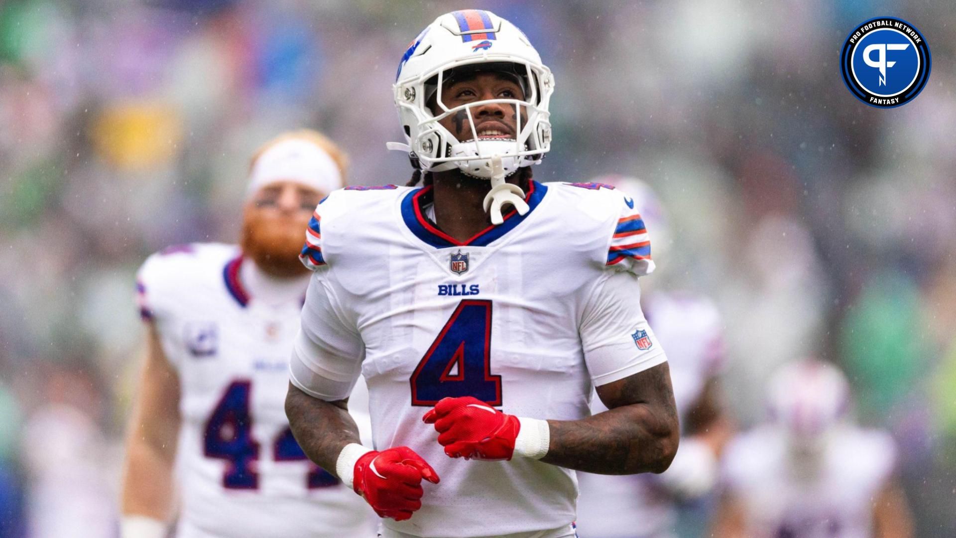 Buffalo Bills running back James Cook (4) takes the field for action against the Philadelphia Eagles at Lincoln Financial Field.