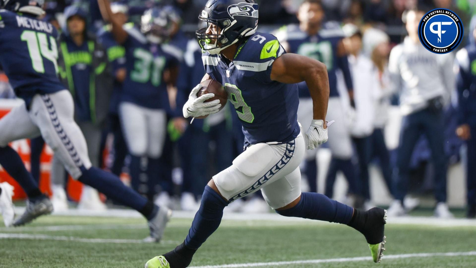 Seattle Seahawks running back Kenneth Walker III (9) rushes against the New York Jets during the first quarter at Lumen Field.