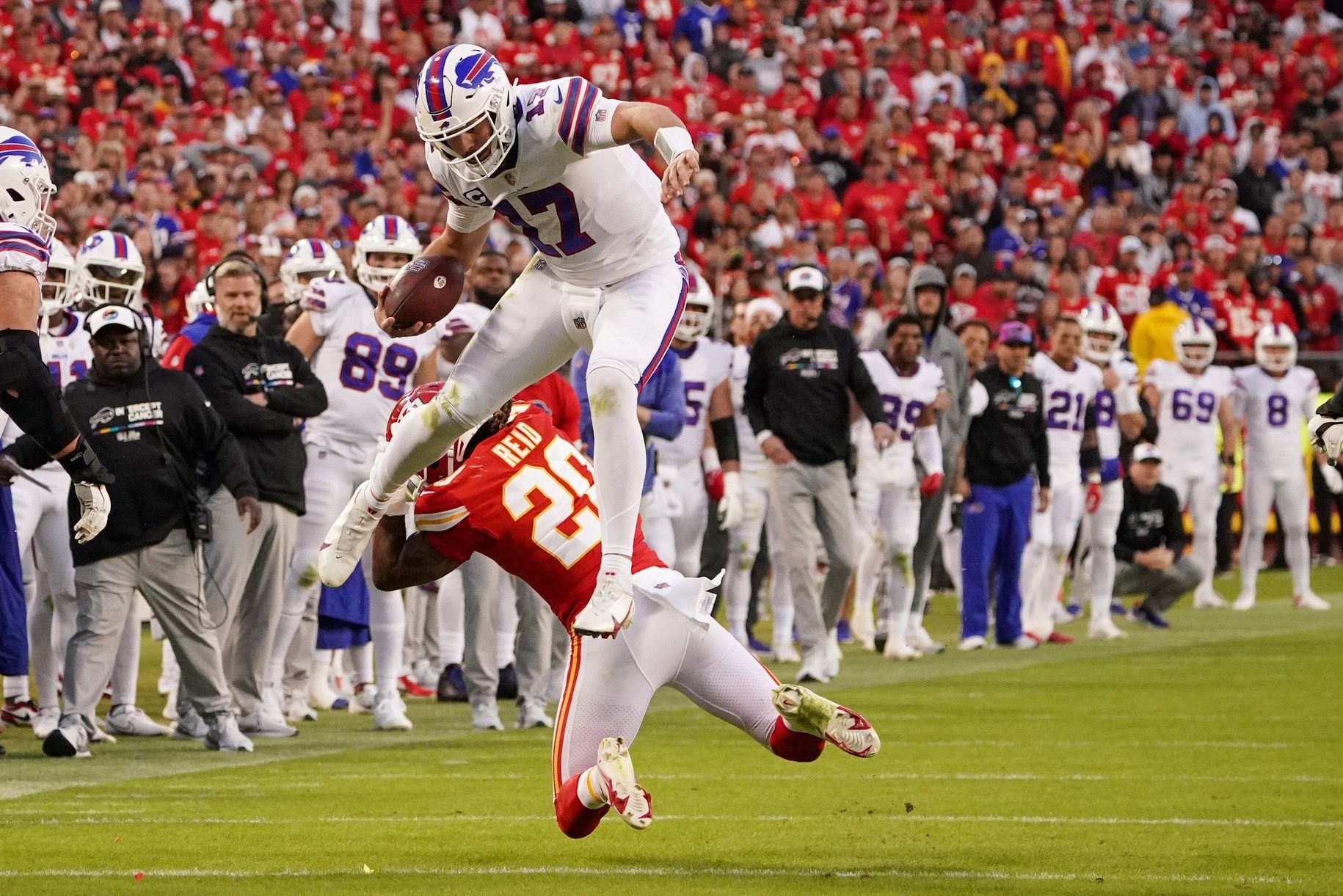 Buffalo Bills QB Josh Allen (17) makes a leap during the game against the Kansas City Chiefs.