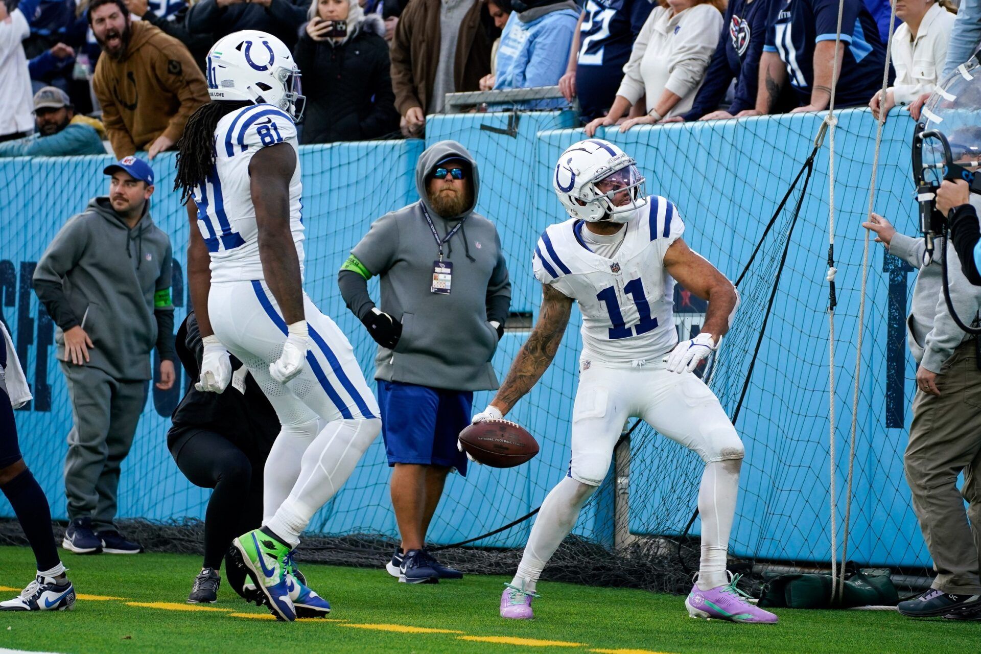 Indianapolis Colts wide receiver Michael Pittman Jr. (11) scores the game winning touchdown against the Tennessee Titans in overtime.