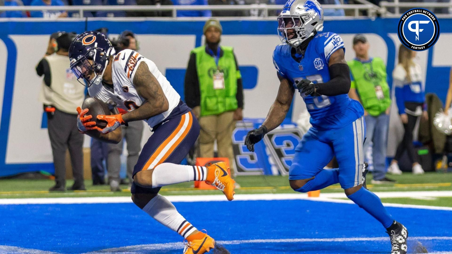 Bears wide receiver DJ Moore (2) catches a pass for a touchdown in front of Detroit Lions cornerback Jerry Jacobs (23)during the second half at Ford Field.