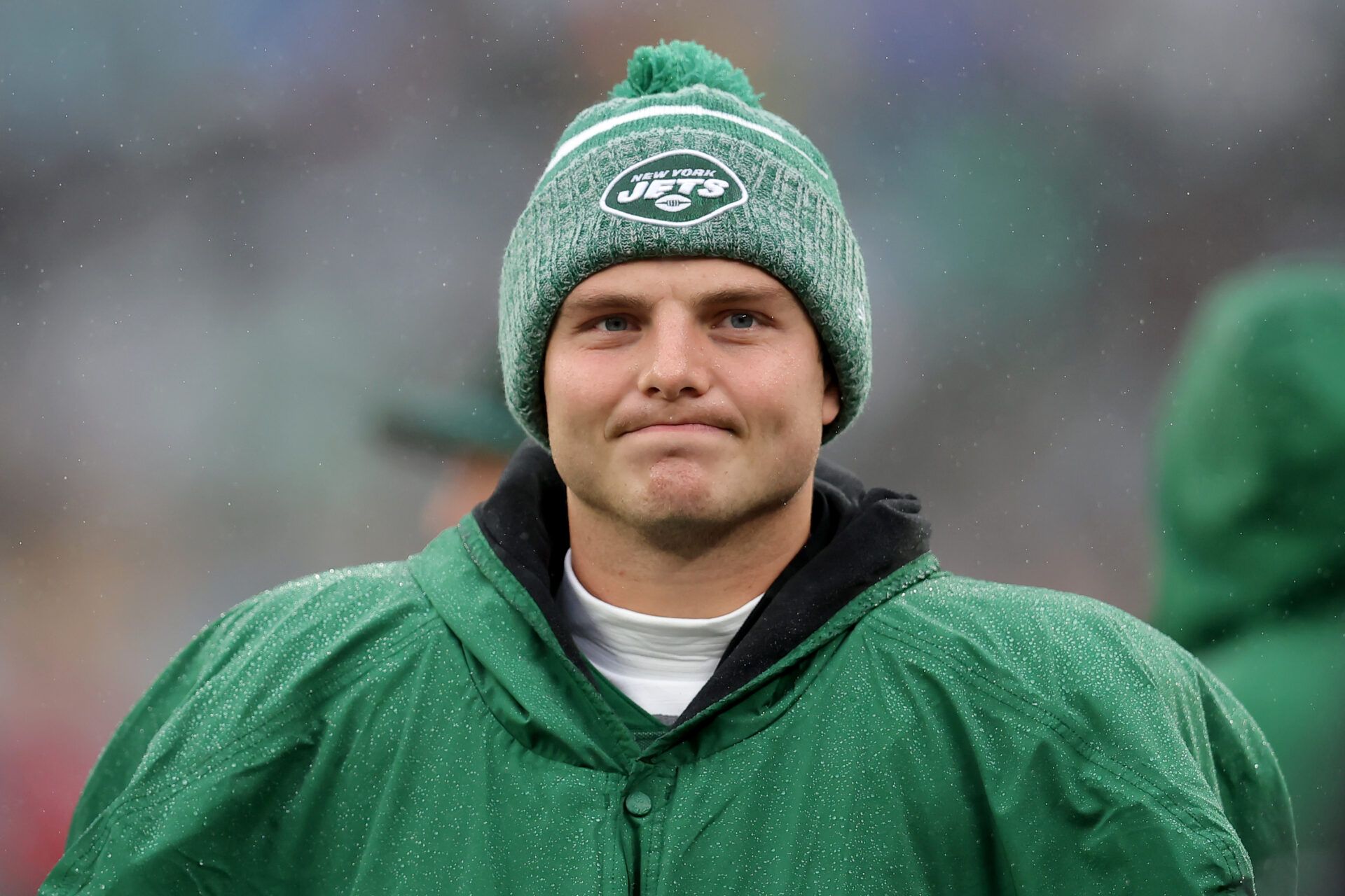 New York Jets quarterback Zach Wilson (2) reacts on the sideline during the first quarter against the Atlanta Falcons at MetLife Stadium.