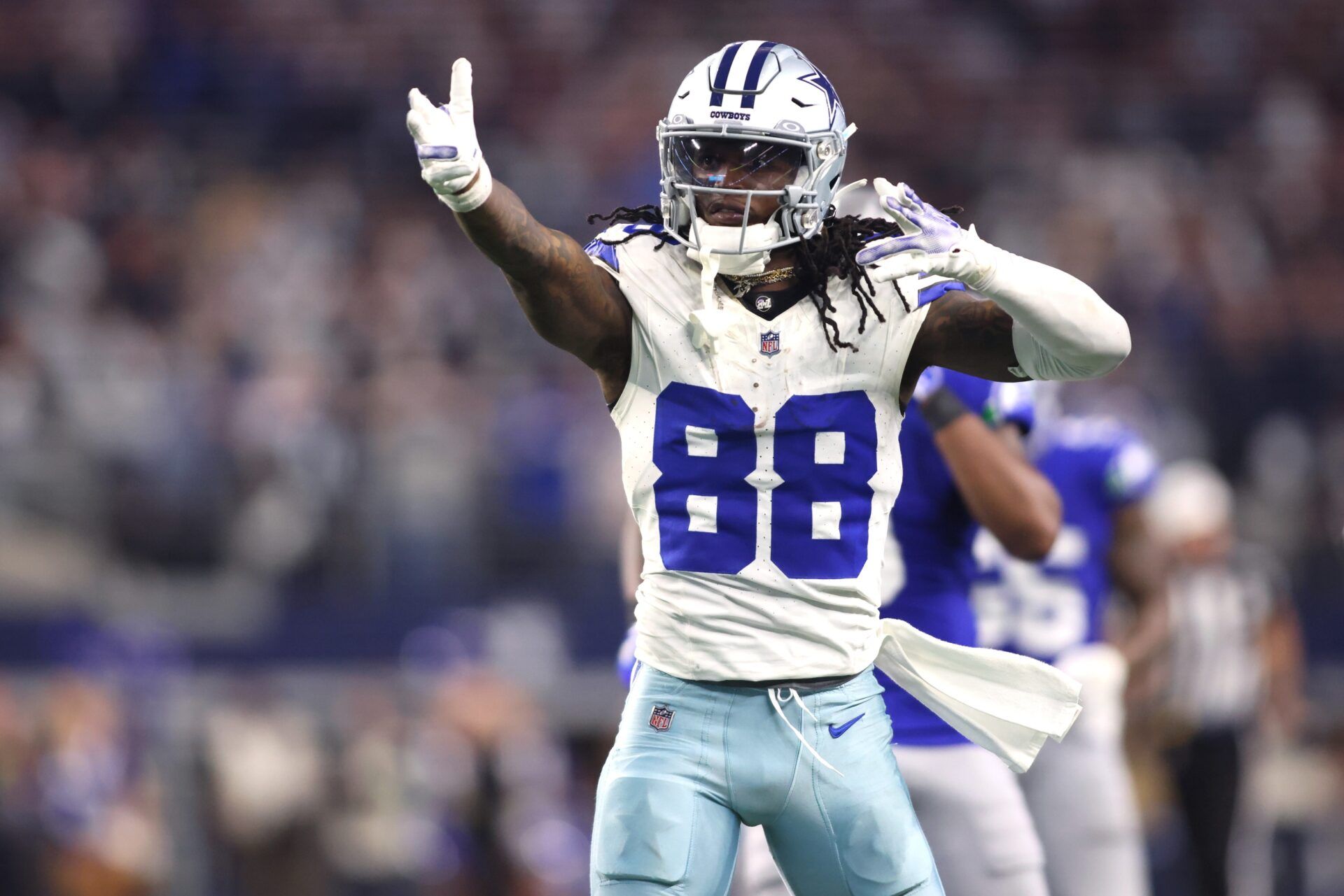 Dallas Cowboys wide receiver CeeDee Lamb (88) celebrates during the second half against the Seattle Seahawks at AT&T Stadium.