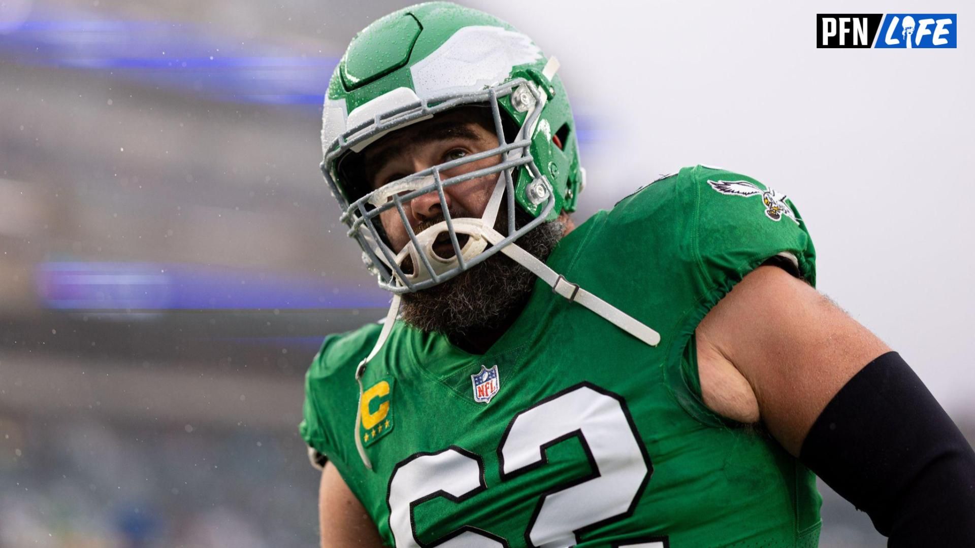 Philadelphia Eagles center Jason Kelce (62) warms up against the Buffalo Bills at Lincoln Financial Field.