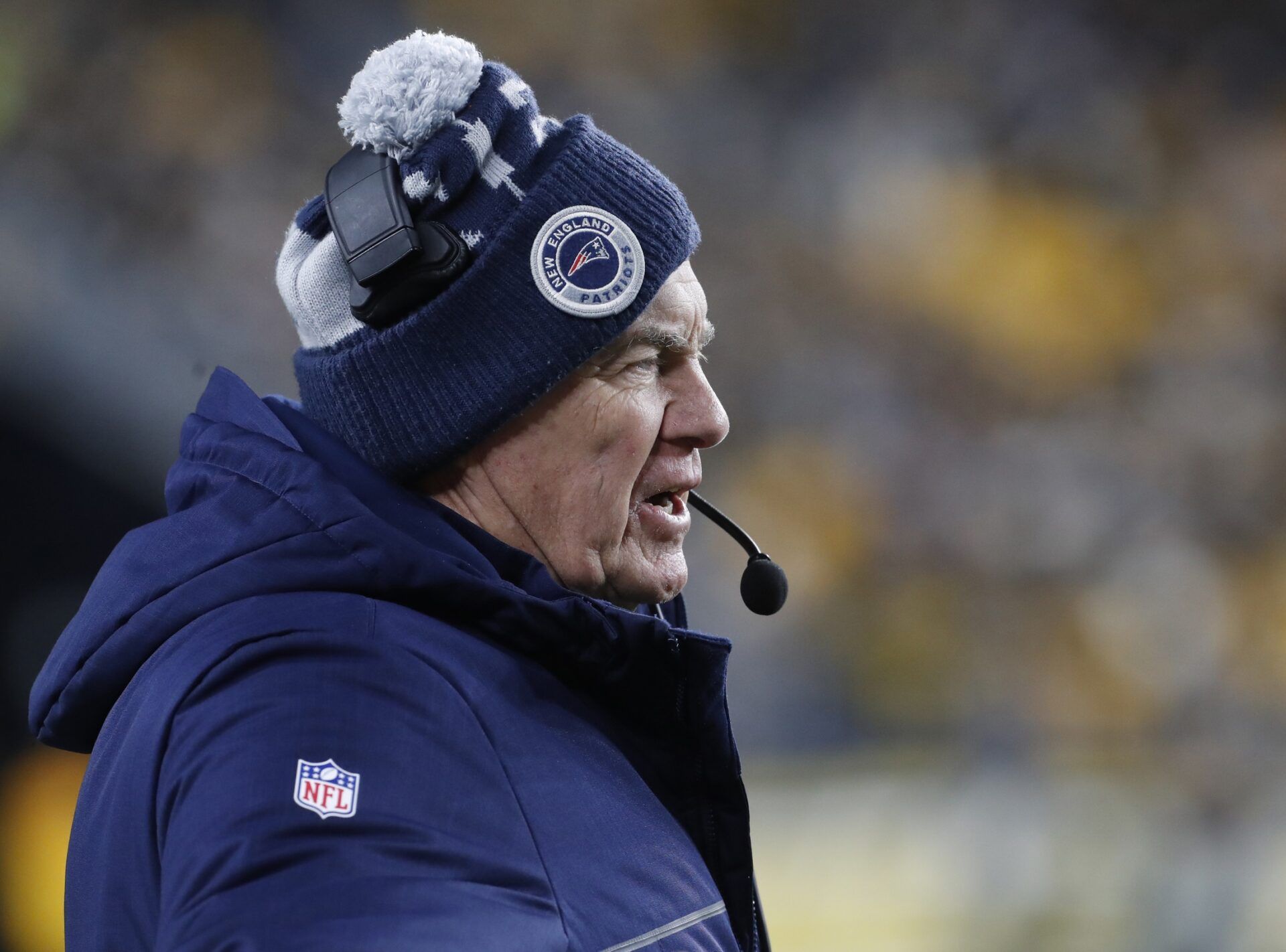 New England Patriots head coach Bill Belichick on the sidelines against the Pittsburgh Steelers during the second quarter at Acrisure Stadium.