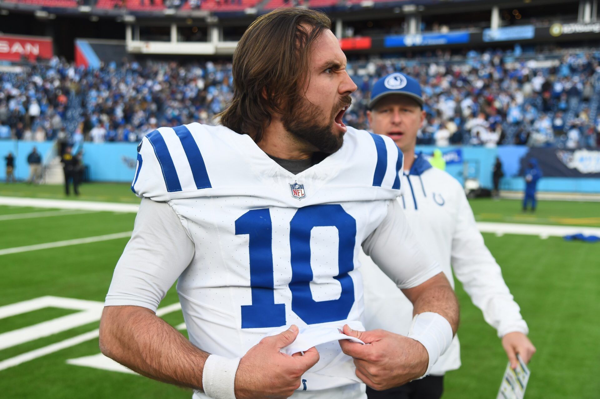 Indianapolis Colts quarterback Gardner Minshew (10) celebrates with teammates after throwing the game-winning touchdown in overtime against the Tennessee Titans at Nissan Stadium.