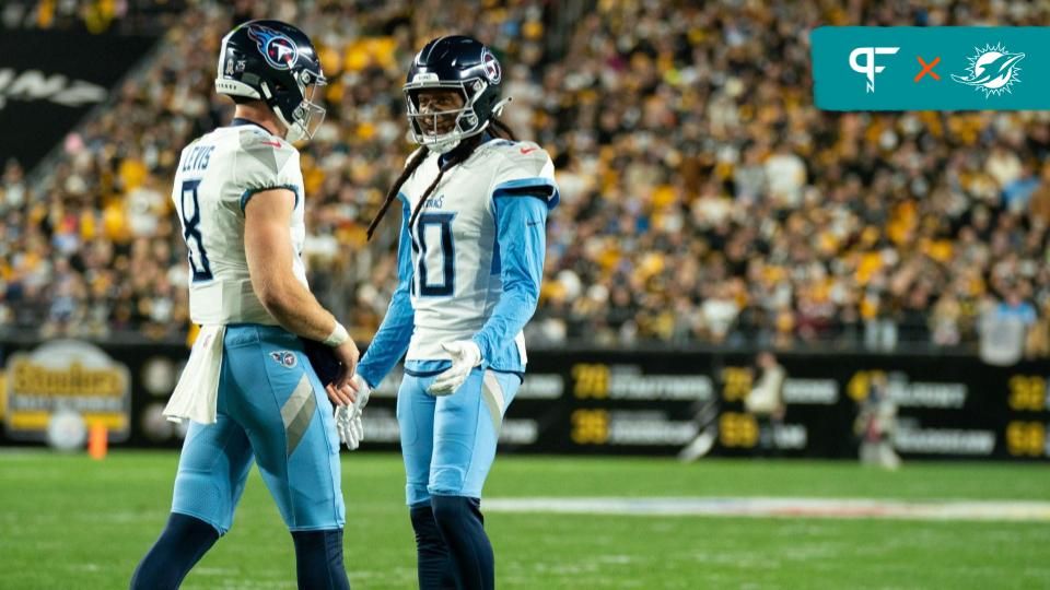 Tennessee Titans quarterback Will Levis (8) and wide receiver DeAndre Hopkins (10) talk about the previous play against the Pittsburgh Steelers during their game at Acrisure Stadium in Pittsburgh, Penn., Thursday, Nov. 2, 2023.