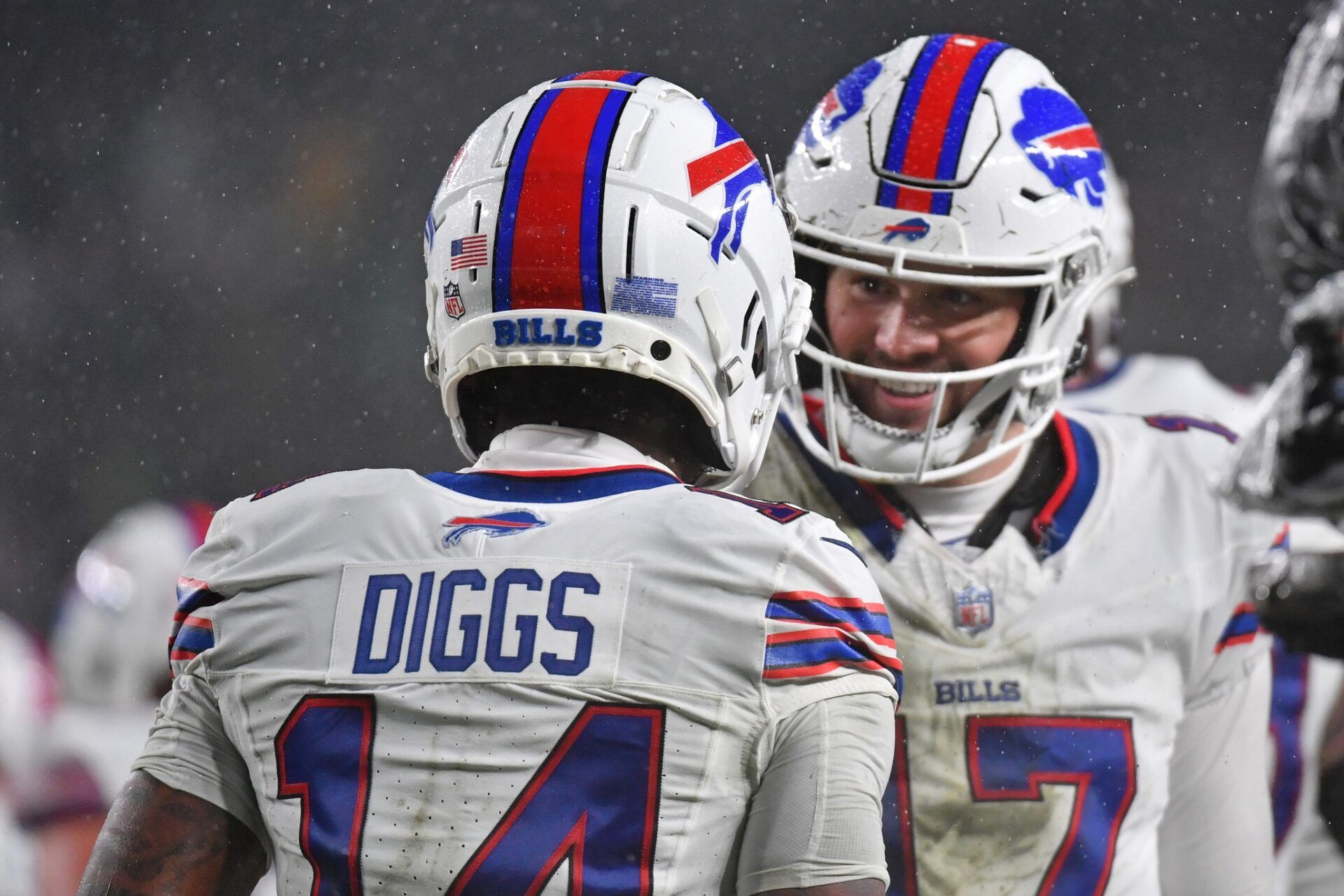 Stefon Diggs (14) celebrates his touchdown with quarterback Josh Allen (17) against the Philadelphia Eagles during the second quarter at Lincoln Financial Field.