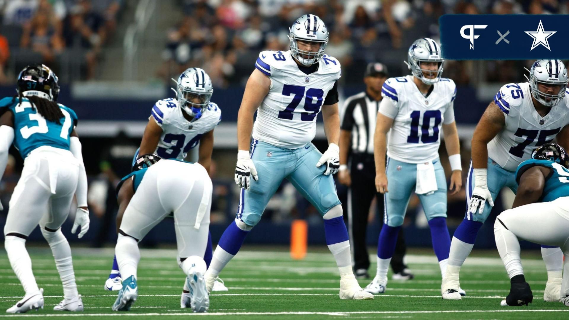 Matt Waletzko (79) at the line of scrimmage in the game against the Jacksonville Jaguars at AT&T Stadium.