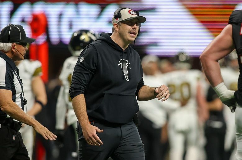 Atlanta Falcons head coach Arthur Smith on the field against the New Orleans Saints in the second quarter at Mercedes-Benz Stadium.